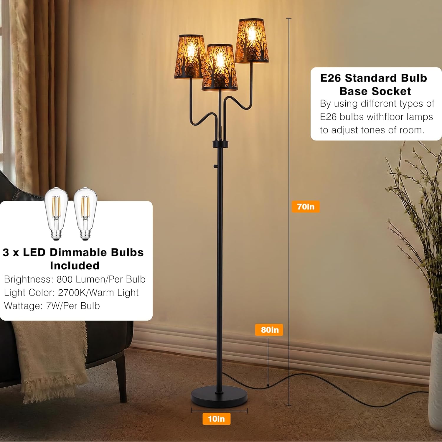 9MMML 3-Light Black Dimmable Floor Lamp for Living Room Bedroom 68'' Tall Standing Lamp with Metal Hollow Shades, 3 x E26 LED Bulb Included