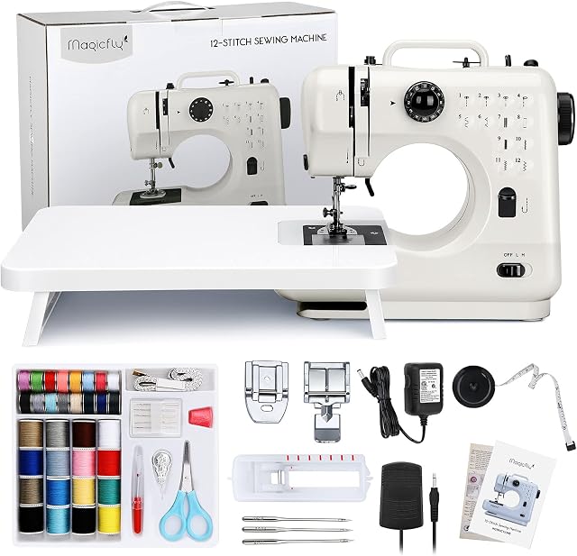 Magicfly Portable Sewing Machine for Beginner, 12 Built-in Stitches Mini Sewing Machine with Reverse Sewing, 3 Replaceable Feet, Extension Table, Electric Sewing Machine for Beginners Adults, White