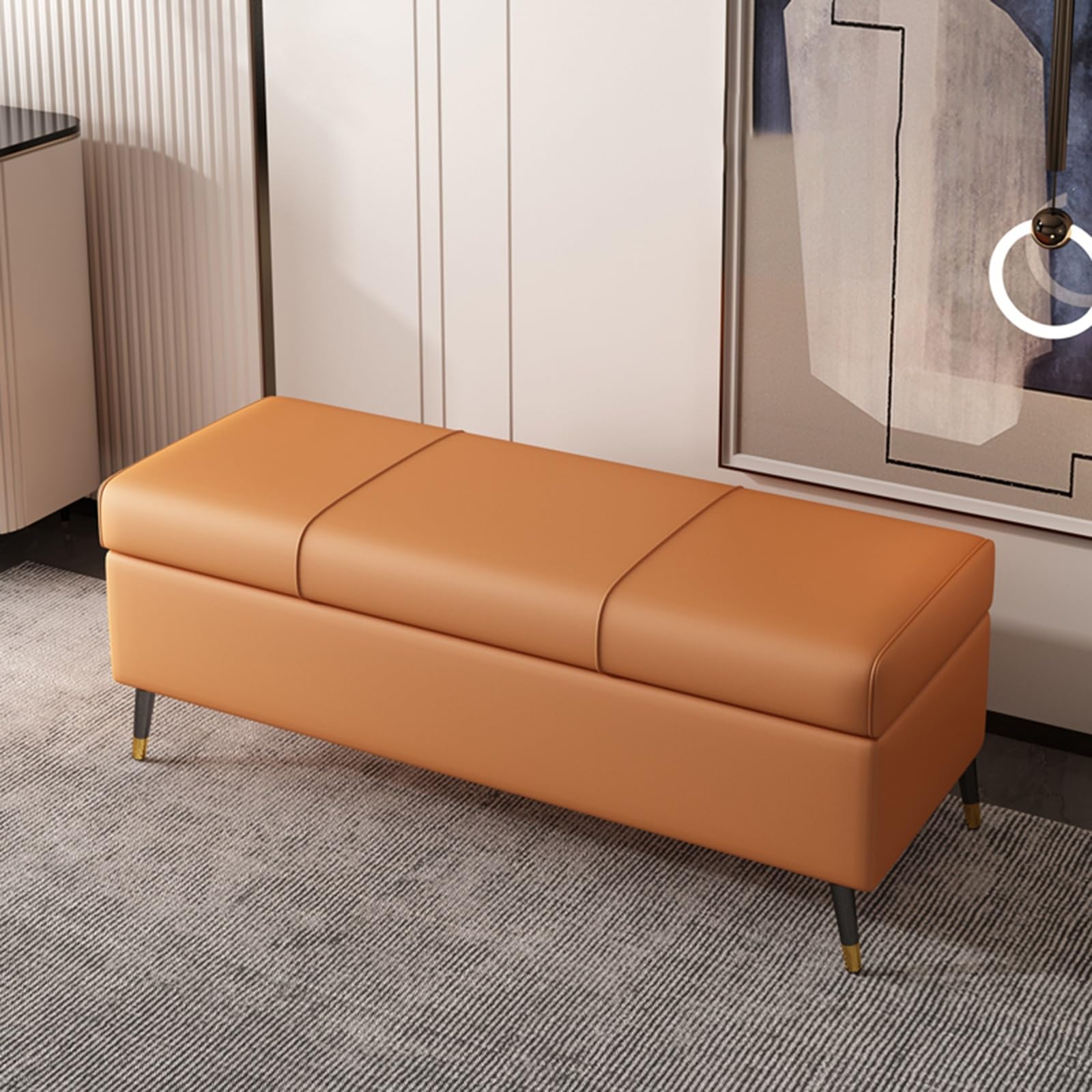 Coffre de lit orange de 80 cm avec assise rembourrée et pieds métal