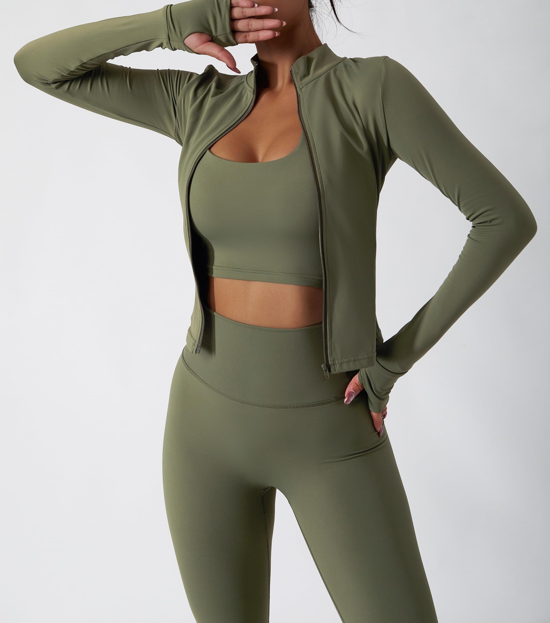 Conjunto deportivo de dos piezas para mujer, chaqueta de manga larga con cremallera y leggings atléticos de cintura alta, conjunto de entrenamiento