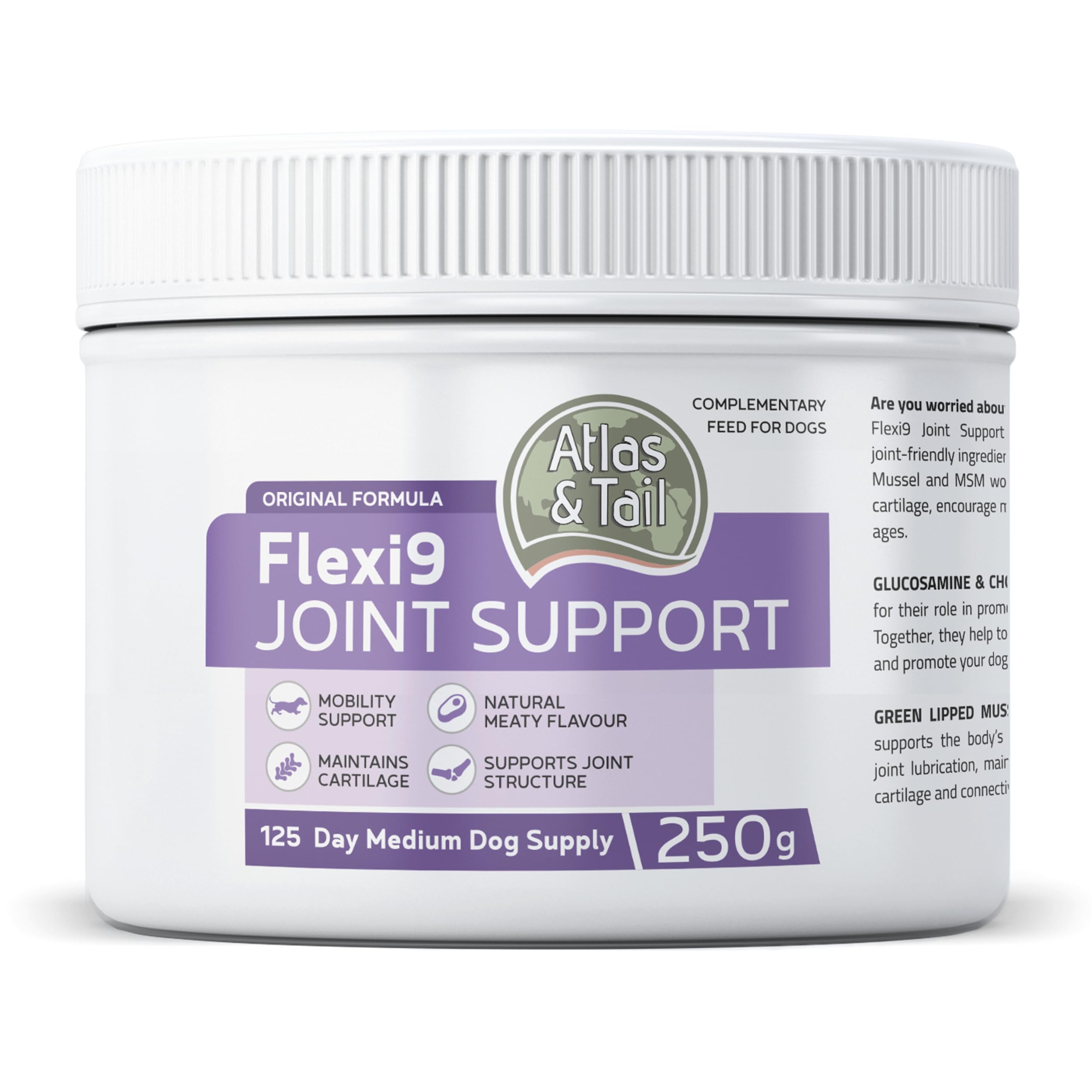 Atlas & Tail Flexi9 - Hip and Joint Supplement for Dogs - Strong Hip and Joint Support for Dogs - 125 Day Supply for Medium Dogs - Glucosamine, MSM & Green Lipped Mussel for Dogs, 250g
