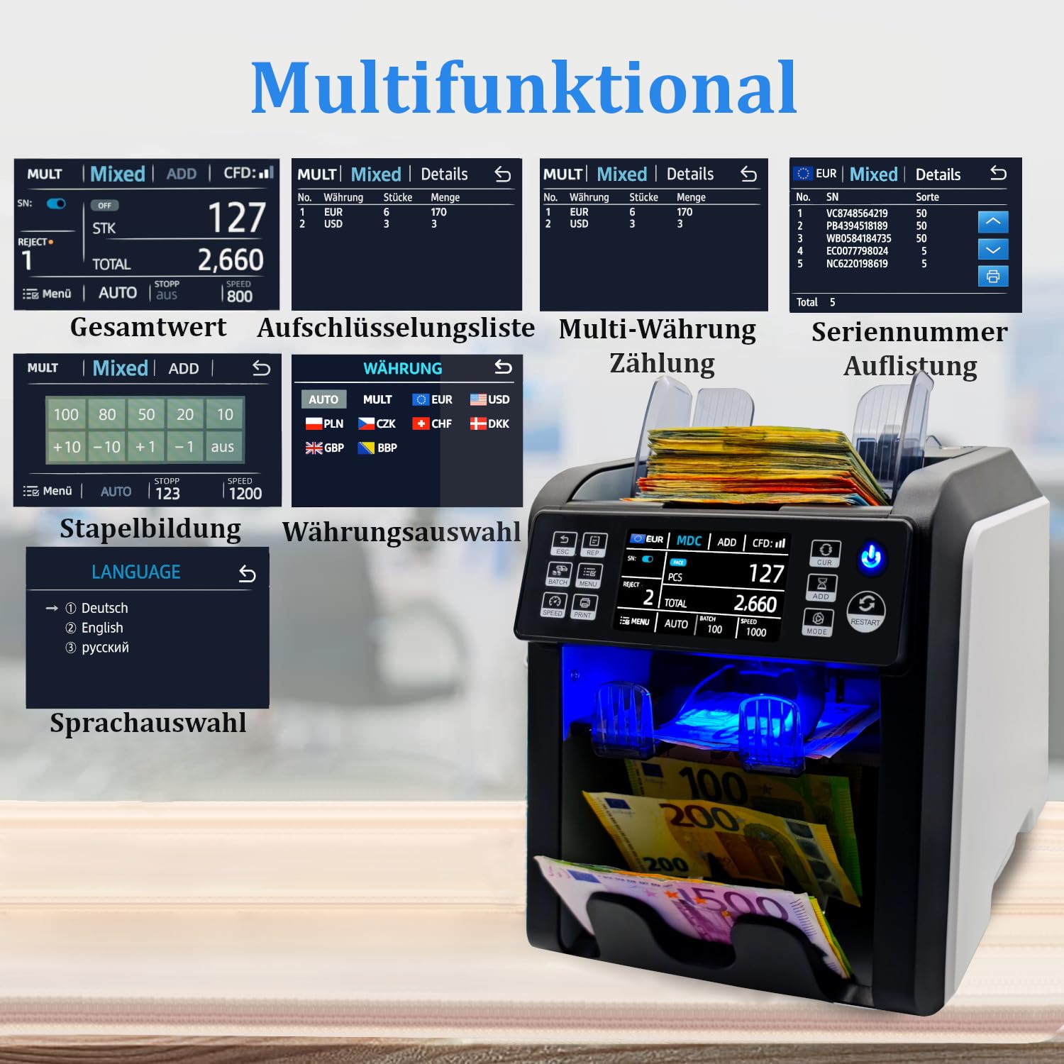 BEITZ BS-950A | NEUHEIT 2025 | Geldzählmaschine mit 2-Taschen-System | EZB-getestet | Wertzähler & Falschgeldprüfer (9-fach) | Banknotenzähler mit 2CIS-Technologie | Touch-Display | Updatefähig