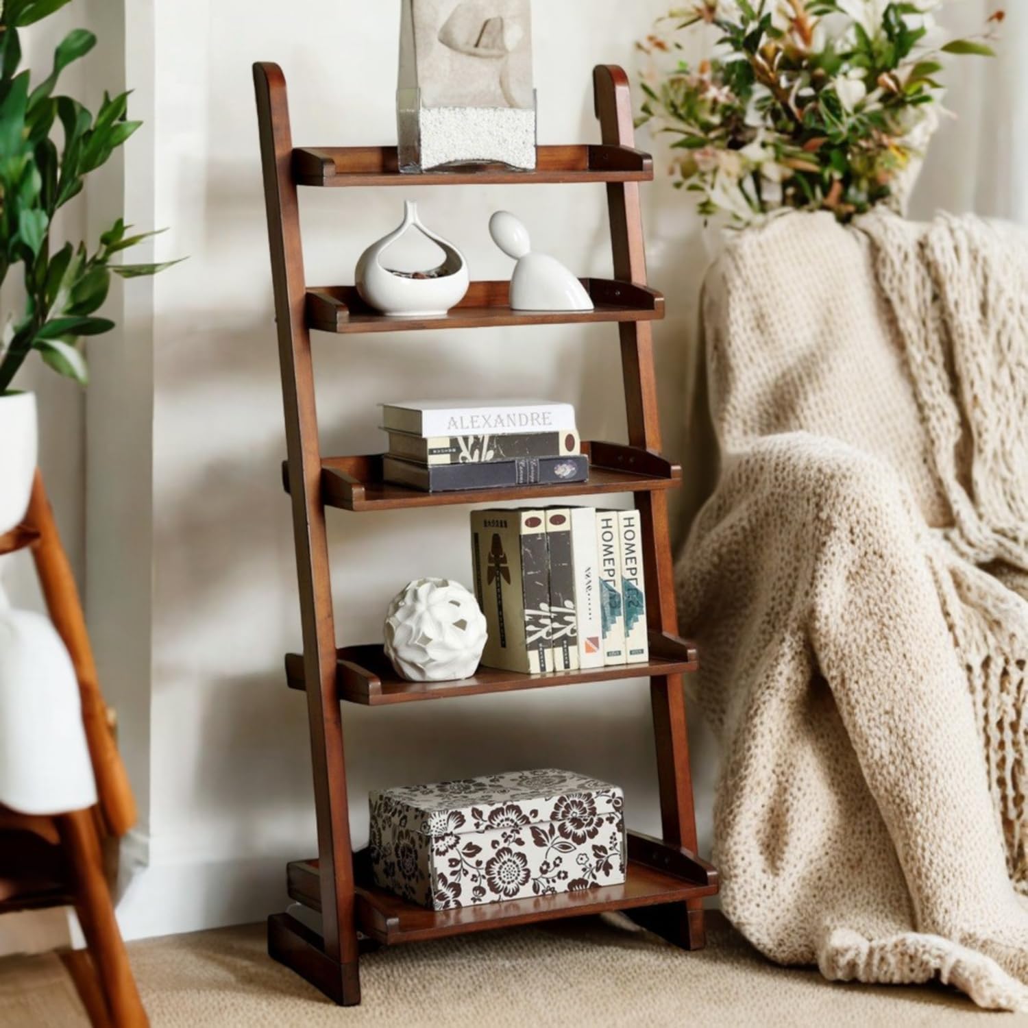 Antique Oak 1pc Ladder Shelf 5-Tier Shelf for Books Modern Style Living Room Display Shelf/Book Shelf