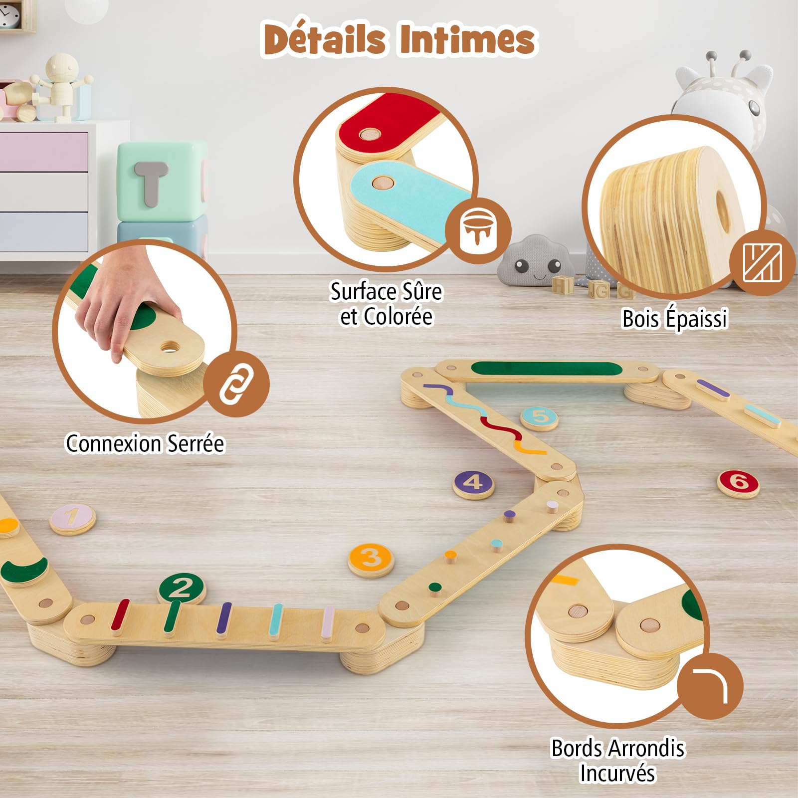GOPLUS Poutre d'Equilibre Enfants, Poutre d'Equilibre Montessori Bois avec Tremplins, Double Face, Combinaison Libre, Parcours d'Obstacles pour Enfants 1 Ans,Charge 60KG Multicolore