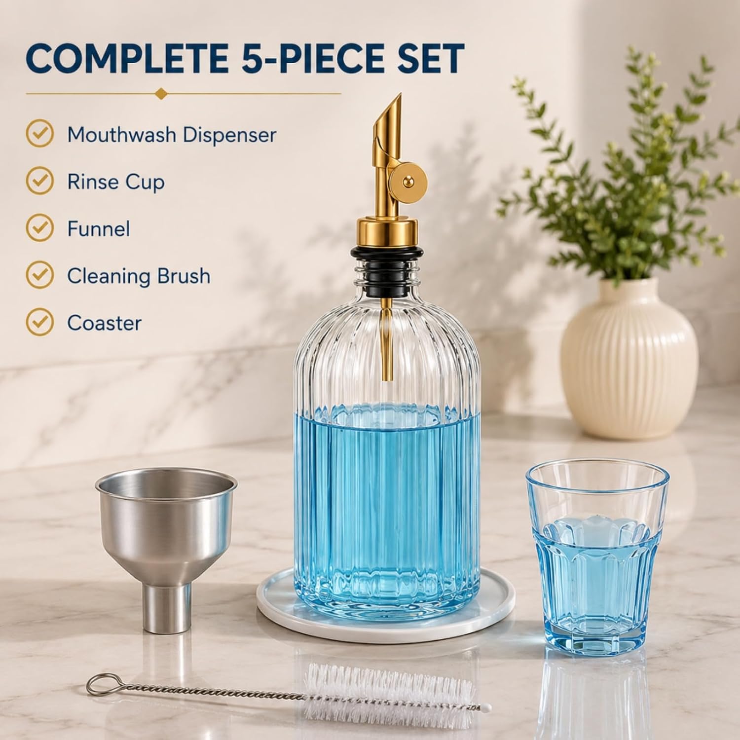 Mifoci Glass Mouthwash Dispenser for Bathroom Countertop, 14oz Luxury Refillable Mouthwash Container Bottle with Cup, Flip Spout, Stainless Steel Funnel, Coaster for Bathroom Decor Accessories, Clear