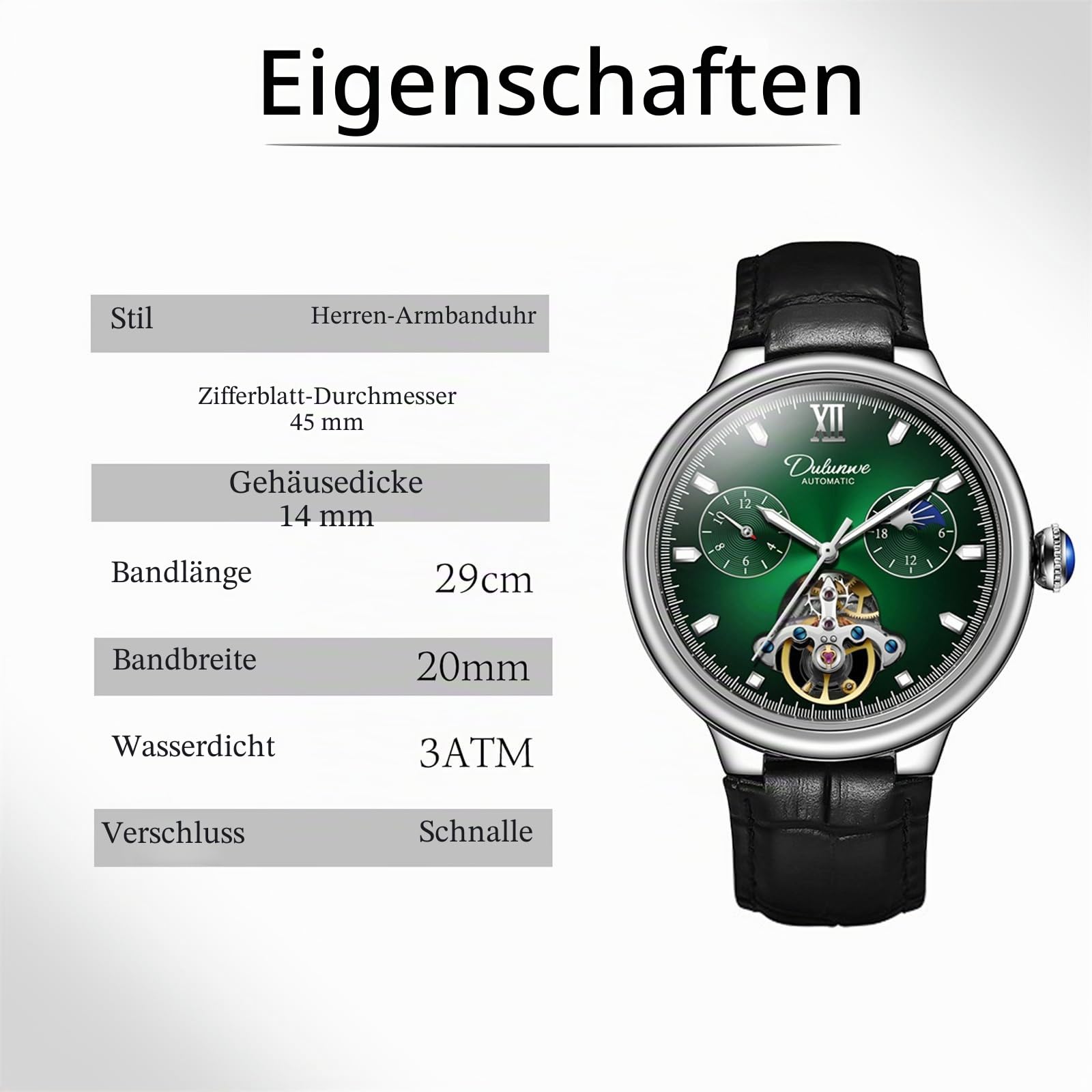Herren-Armbanduhr, mechanisch, Handaufzug, Lederarmband, Mondphase, Tourbillon, großes Zifferblatt, Business-Automatikuhren, leuchtend