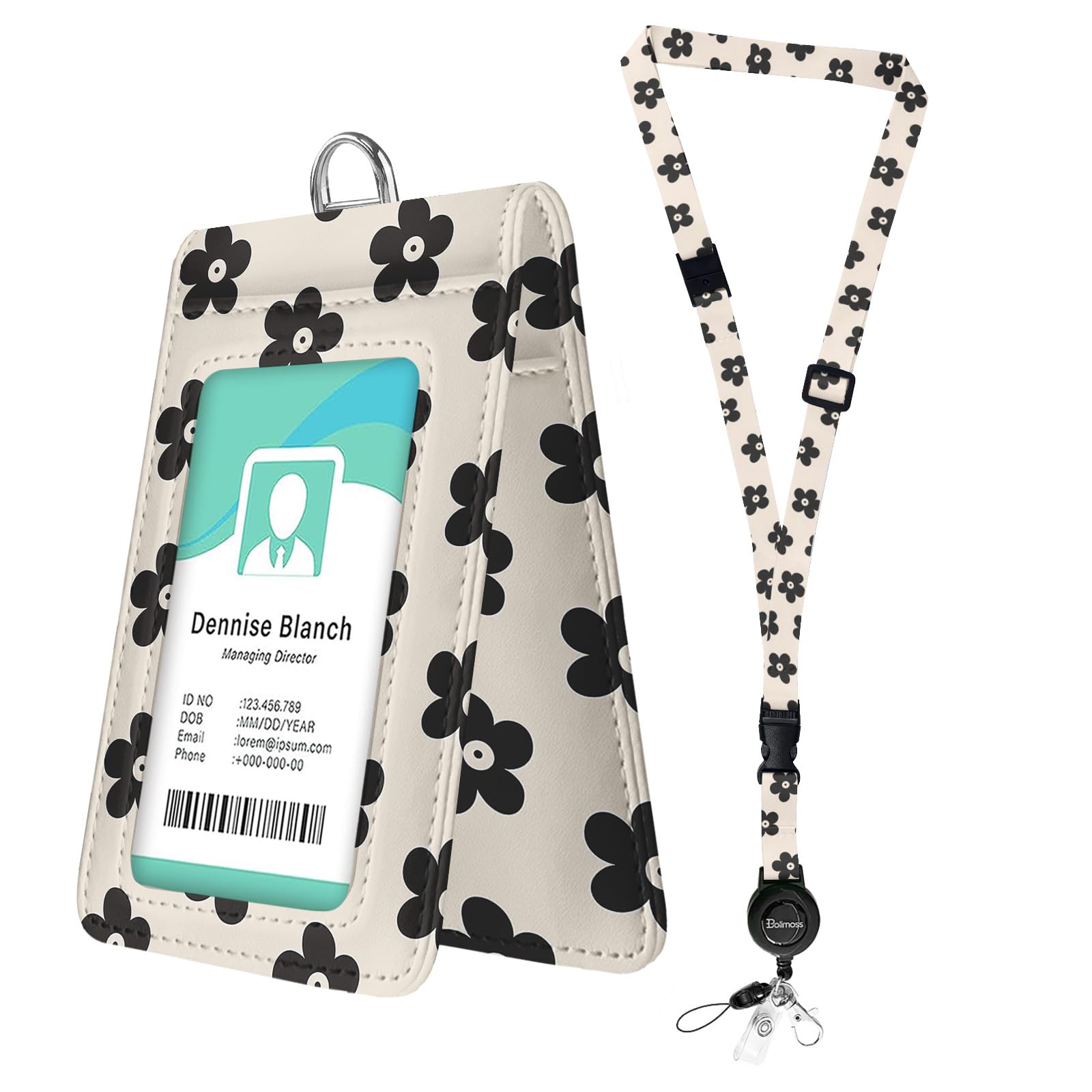 bolimoss Black Floral Leather Badges Holder with Double Sided Windows, Cute ID Name Badge Card Holder with Quick-Release Buckles & Adjustable Retractable Breakaway Neck Lanyards for Work Nurse Teacher — image 1