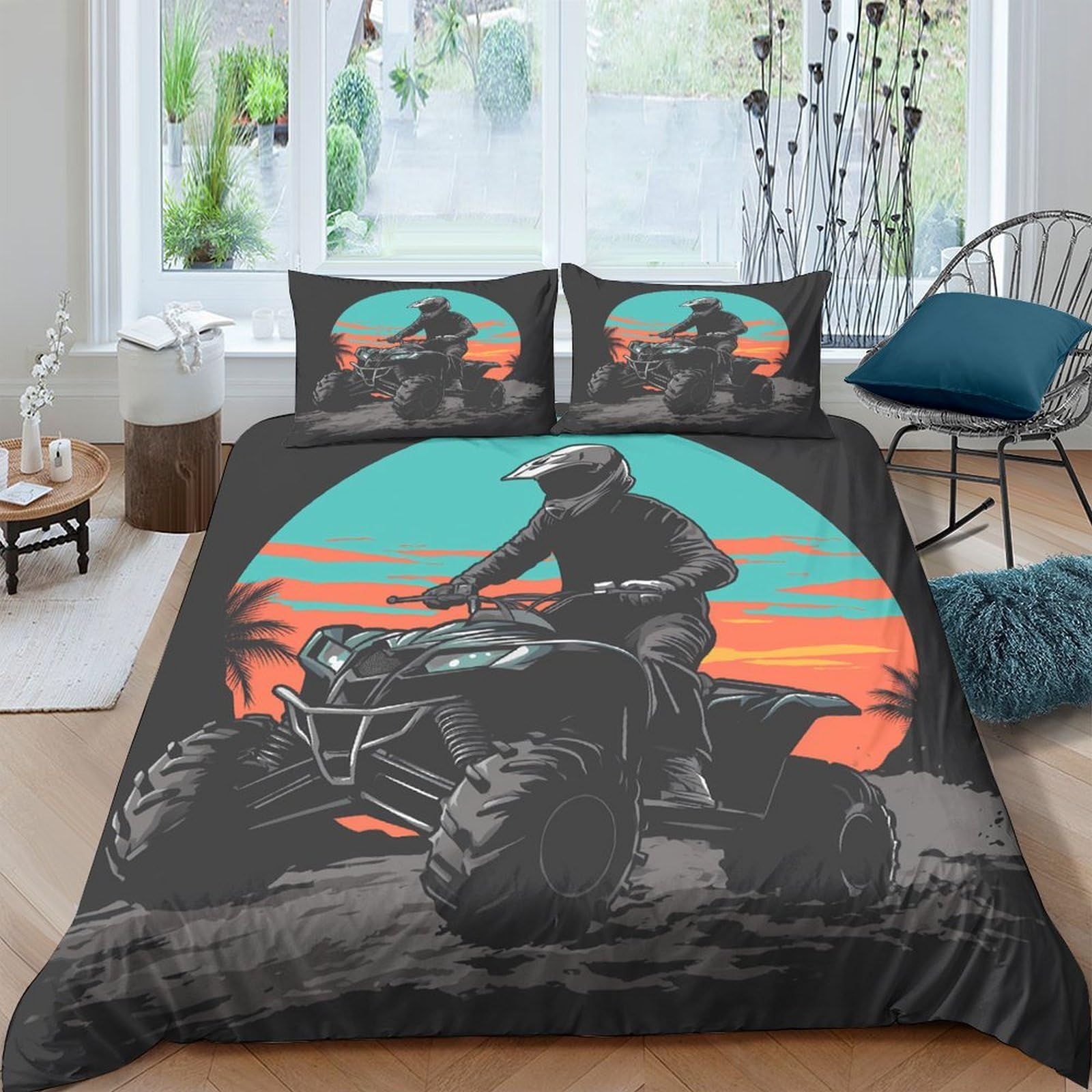 Ctjqhvkz Style-5 3D Printed Atv Rider Fitted Sheet Microfiber Soft Orange Teal Sunset Off Road Bed Cover Bedroom Dorm Decor Single（135X200cm）