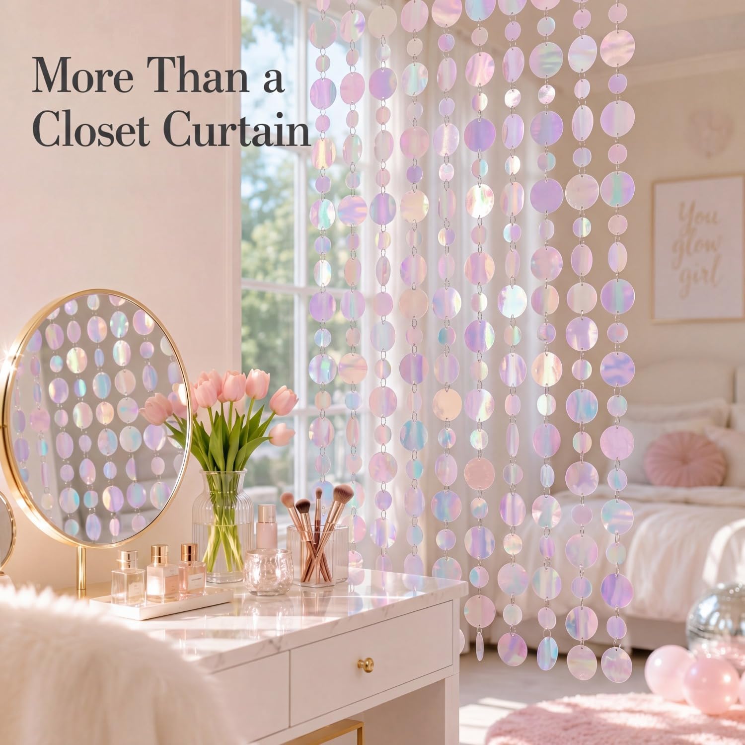 Yinder 20 Pack 6.6ft Sequin Beaded Curtain for Bedroom Closet, Iridescent