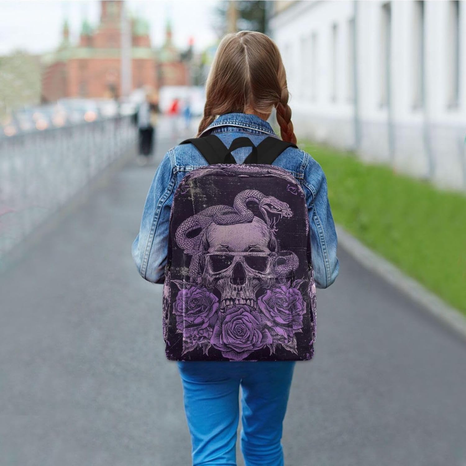 Stylish Skull Purple Rose Large Portable Laptop Backpack,Durable Travel Bag for Men Women School Bookbag Work Fit 16.5 Inch Notebook