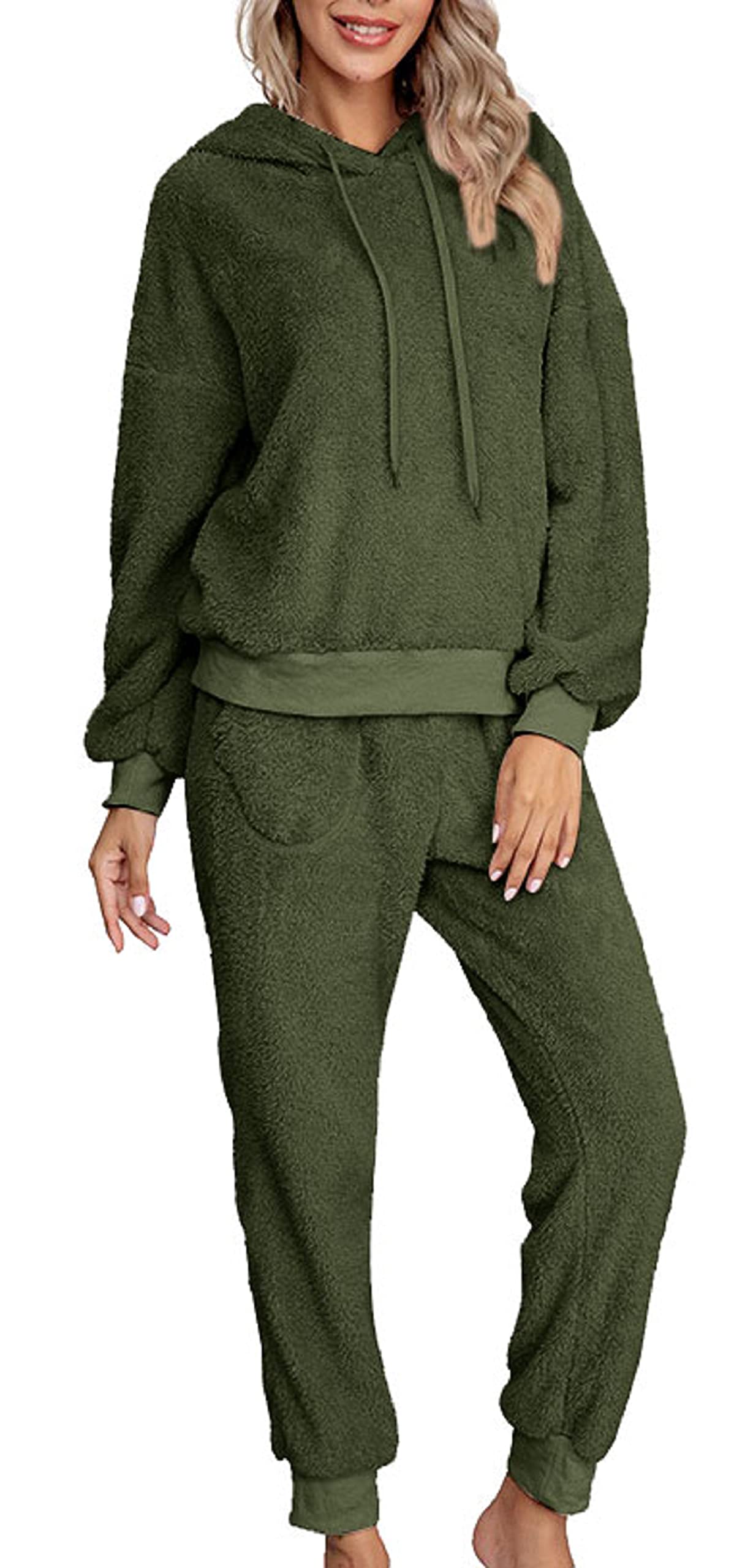 FLOYU Womens Hoodie Pajama Set Fleece Long Sleeve Pullover Tops with Pants Lounge Sleepwear Set