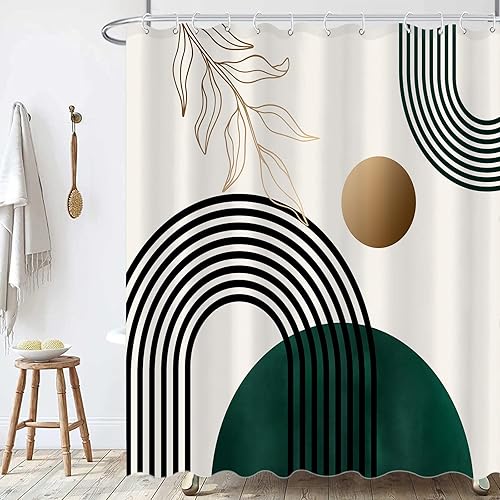 Miniatura 3 de Aipon Cortina de ducha verde de mediados de siglo para baño, cortina de ducha abstracta bohemia de tela moderna impermeable (72 x 72 pulgadas, verde)