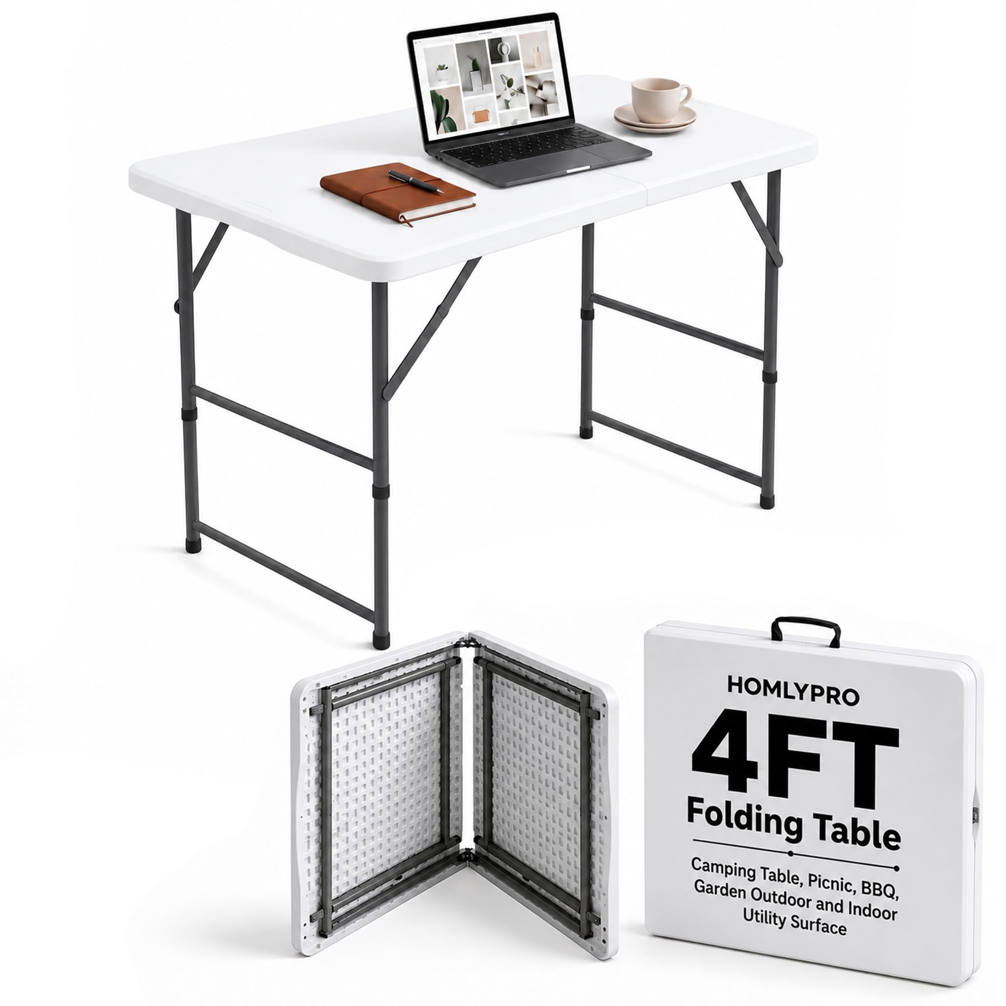 HomlyPro Heavy Duty 4FT Folding Table 120x60cm, White, Plastic Folding Desk Portable as Camping Table, Picnic, BBQ, Garden Outdoor and Indoor Utility Surface