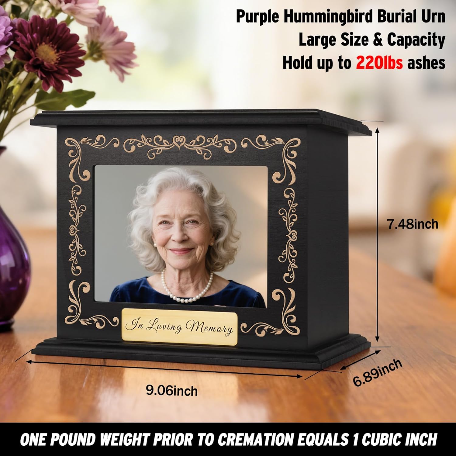 Cremation Urns for Human Ashes Adult Male Female, Hummingbird Memorial Urn with Picture Frame, Wooden Urns Box and Casket for Men Women, Large Funeral Urn for Adults Up to 200 IBS