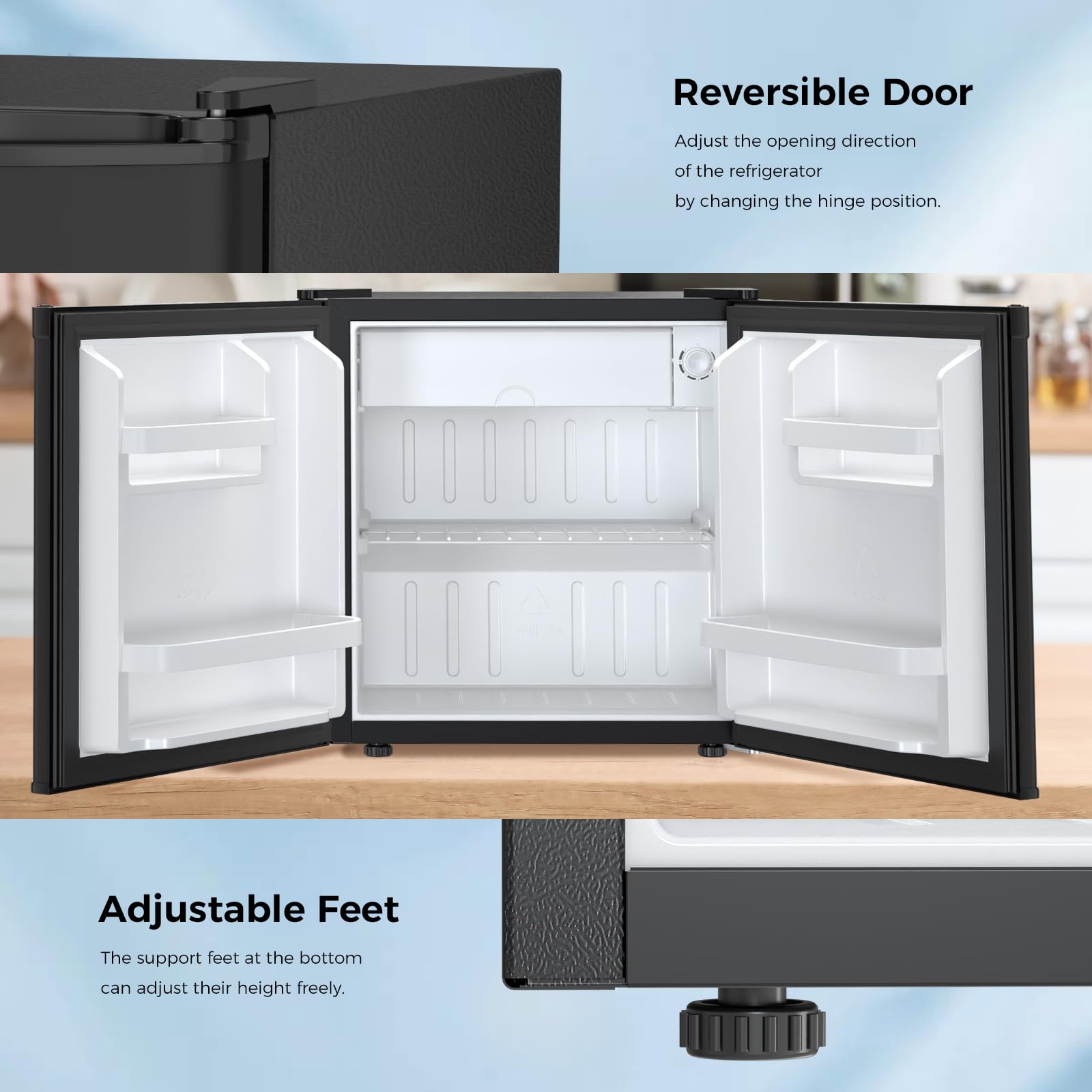 Antarctic Star Compact Refrigerator Mini Fridge with Freezer, Single Reversible Door, Dorm Fridge, Removable Glass Shelf, Defrost Button, for Bedroom, Office, Garage, 1.4 Cu. Ft, Black