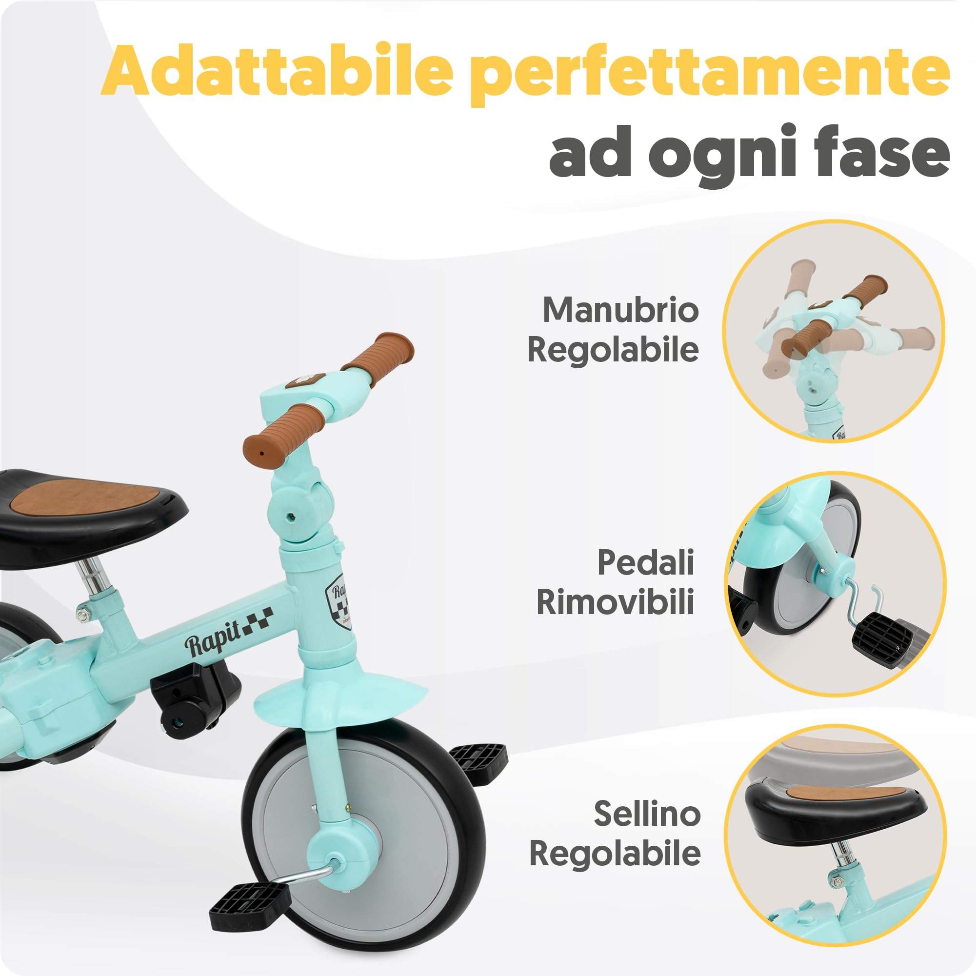 Triciclo Evolutivo 5 in 1 Interbaby | Triciclo Bambini con Maniglione da 1 a 5 Anni | Bicicletta Bambini e Bici Senza Pedali Trasformabile | Con o Senza Pedali | Regolabile e Adattabile (Verde)