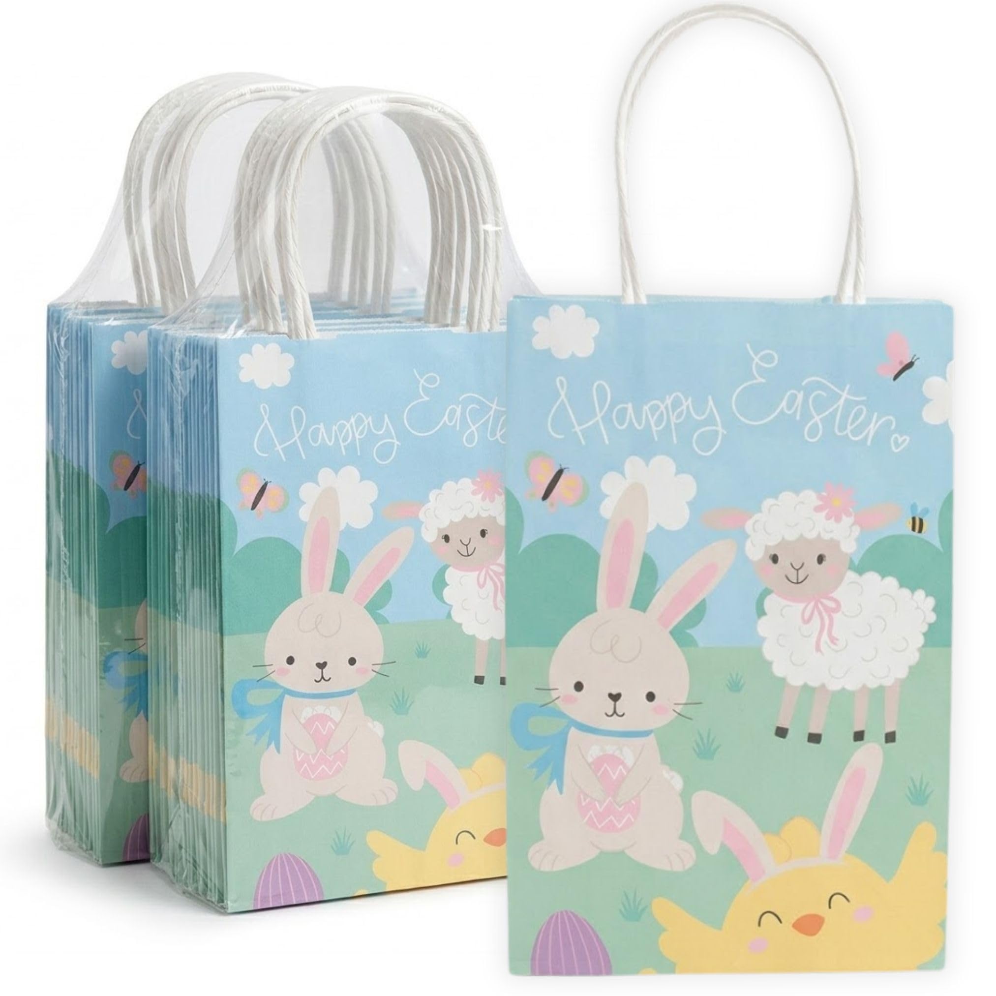AKH® Easter Paper Treat Bags Pack of 10 | Happy Easter Goodie Bags with Handles | Large Bunny & Chick Party Favor Bags for Egg Hunts and Spring Gifts | 21.5cm x 13cm