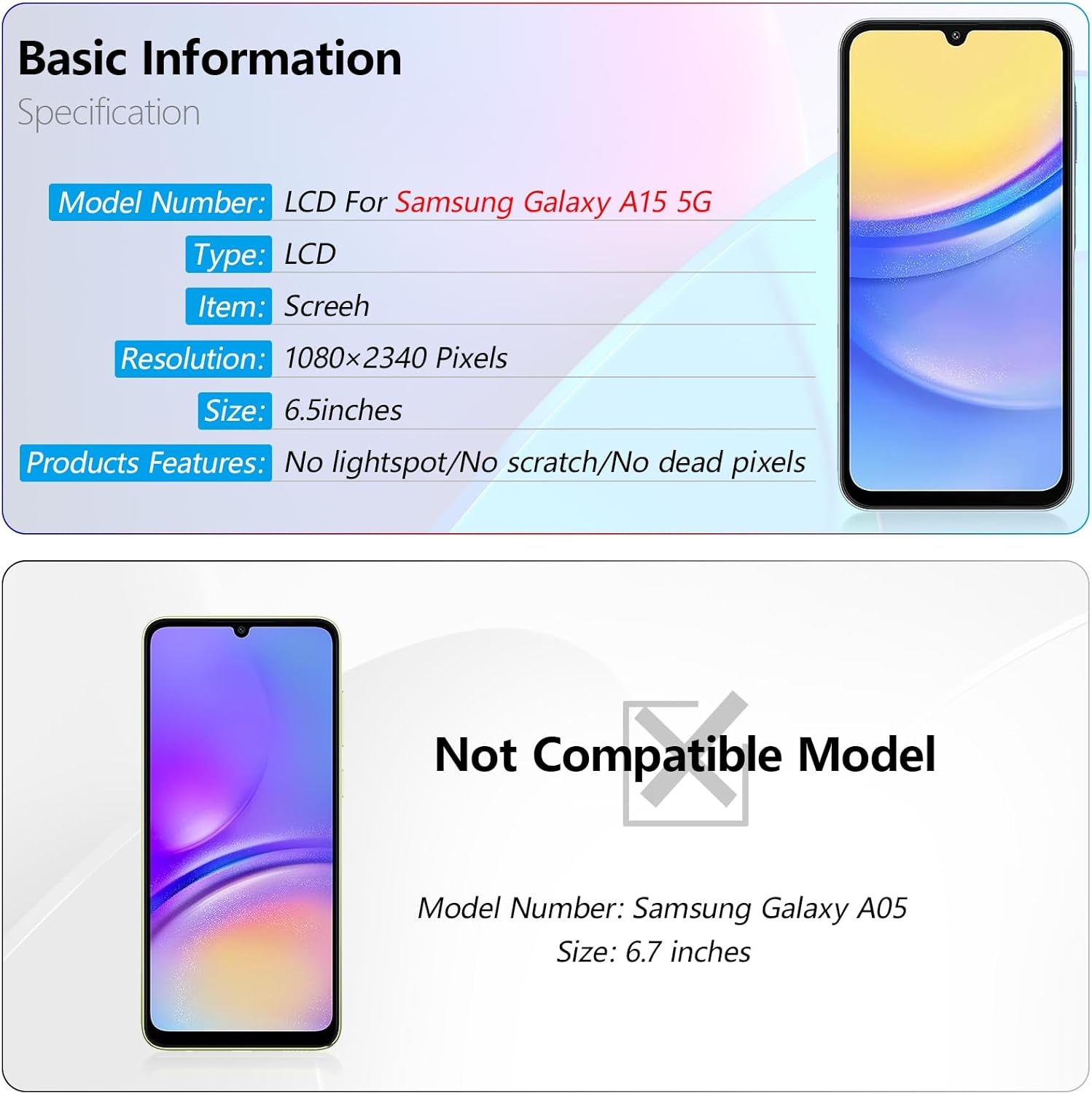 OLED for Samsung Galaxy A15 5G Screen Replacement for Samsung Galaxy A15 4G A155F A156U LCD Display Touch Screen Digitizer Assembly Replacement with Tools（ with Frame）