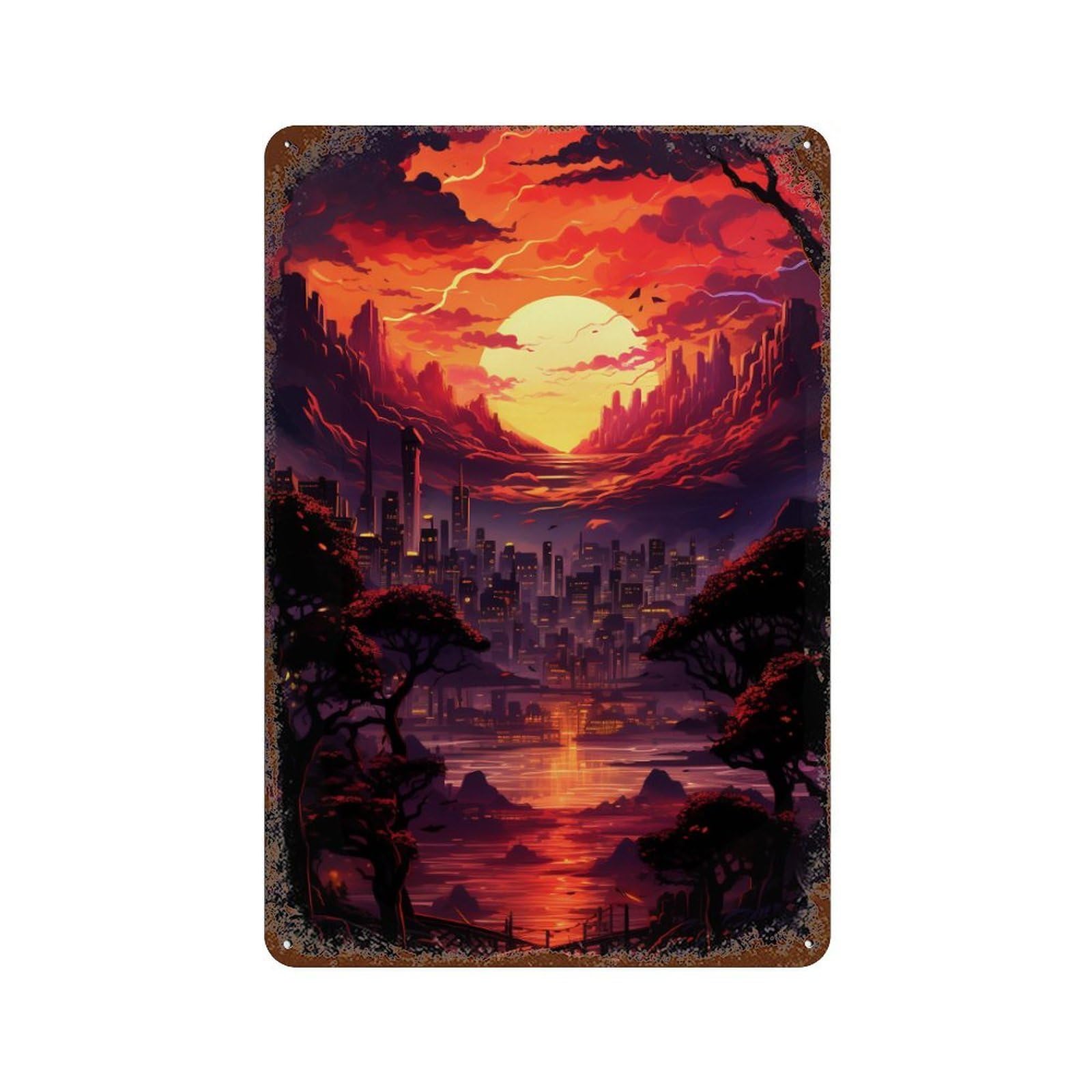Garage Style Dramatic Sunset Cityscape Weathered Tin Sign 11.8"x7.9", Farmhouse Wall Decor for Bar And Workshop