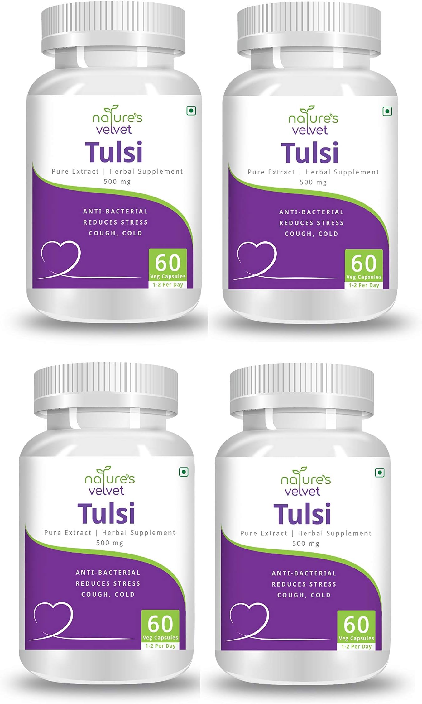 Natures Velvet Lifecare Tulsi/Tulasi/Basil Pure Extract 500 mg, 60 Veggie Capsules - Pack of 4