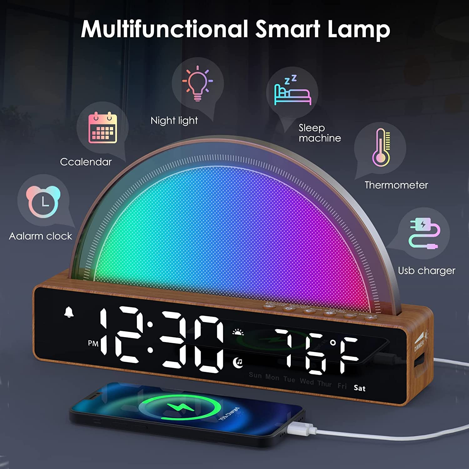 Budzik ze światłem, budzik świetlny, White Noise Machine, lampka nocna, dotykowa, ściemniana, lampa stołowa z 10 trybami do spania, funkcja drzemki, timer/wskaźnik temperatury, stacja ładująca USB,