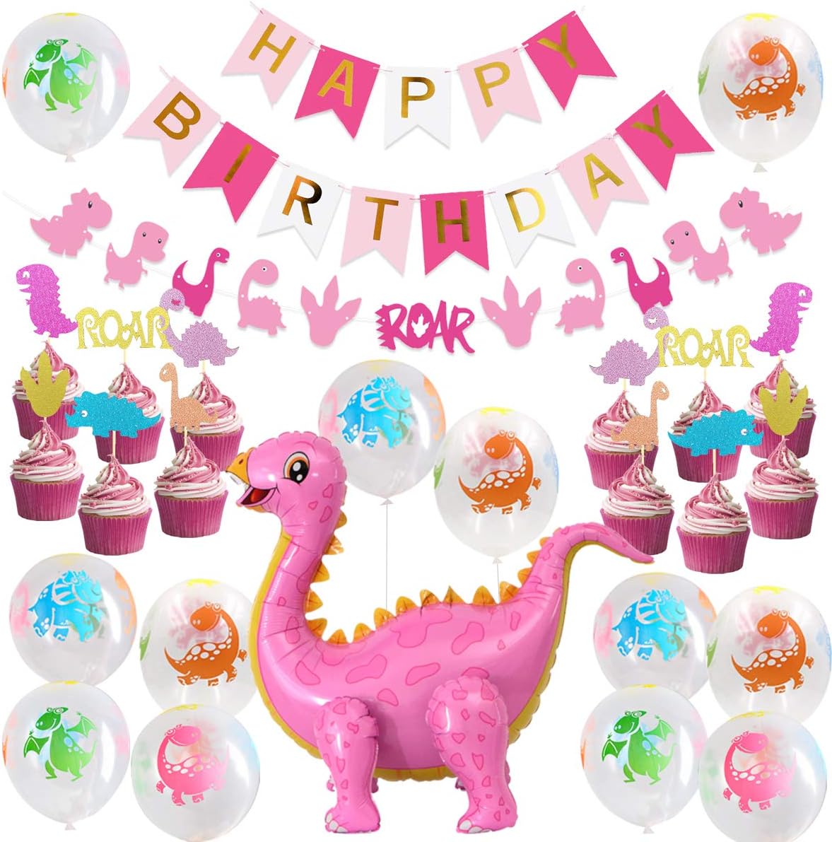 Girls Dinosaur Party Decorations Pink Dino Party Supplies for 1st 2nd 3rd Girls Pink Dinosaur 3D Standing Balloons Cupcake Toppers Garland Banner for Baby Girl 1st Birthday Little Dino Supplies