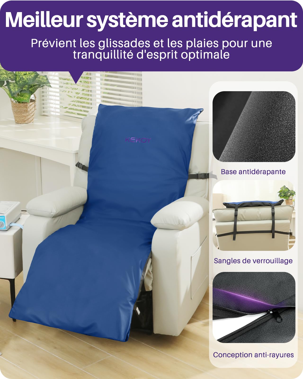 Kekoy Matelas Anti-Escarre pour Fauteuils Relax, Pompe Silencieuse, Housse Imperméable, Idéal pour Personnes Âgées et Récupération Postopératoire, 170x56 cm, Bleu Clair