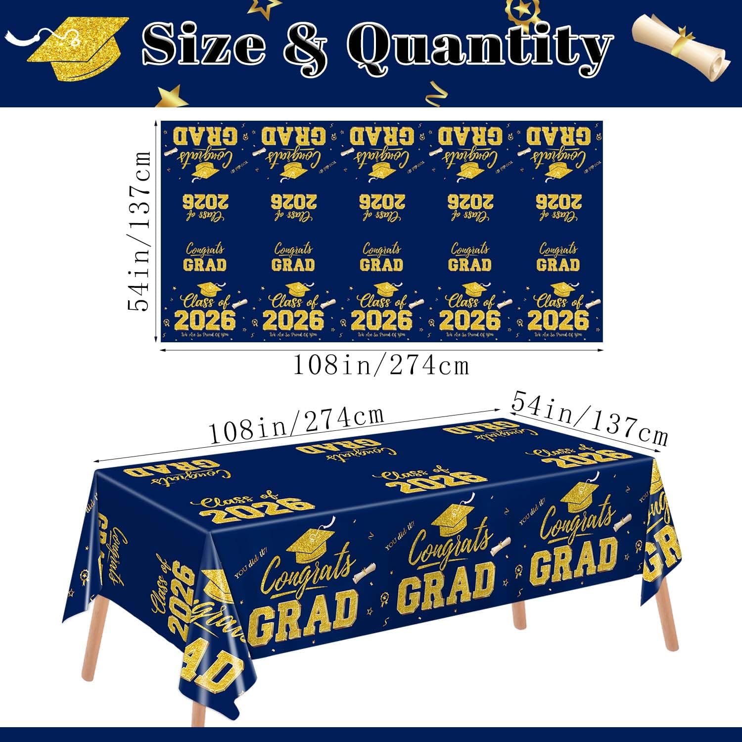 LINHAXM Graduation Decorations 2026, 2 Pack Graduation Tablecloths, Congrats Grad Disposable Table Cover for Navy Blue and Gold Grad Party Decorations Class of 2026, 54" x 108"