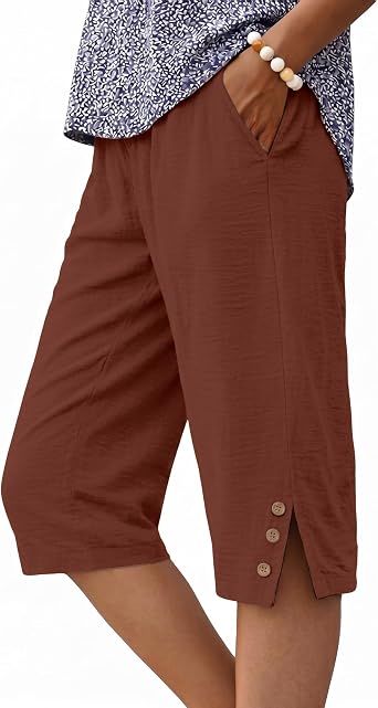 IWOLLENCE Womens Casual Summer Bermuda Shorts Side Split Button Deco Knee Length Long Shorts with Pockets