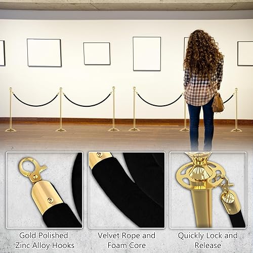 Miniatura 2 de Cuerda de terciopelo de 5 pies con ganchos dorados, paquete de 4 cuerdas VIP de alfombra roja para control de multitudes, barrera de seguridad,