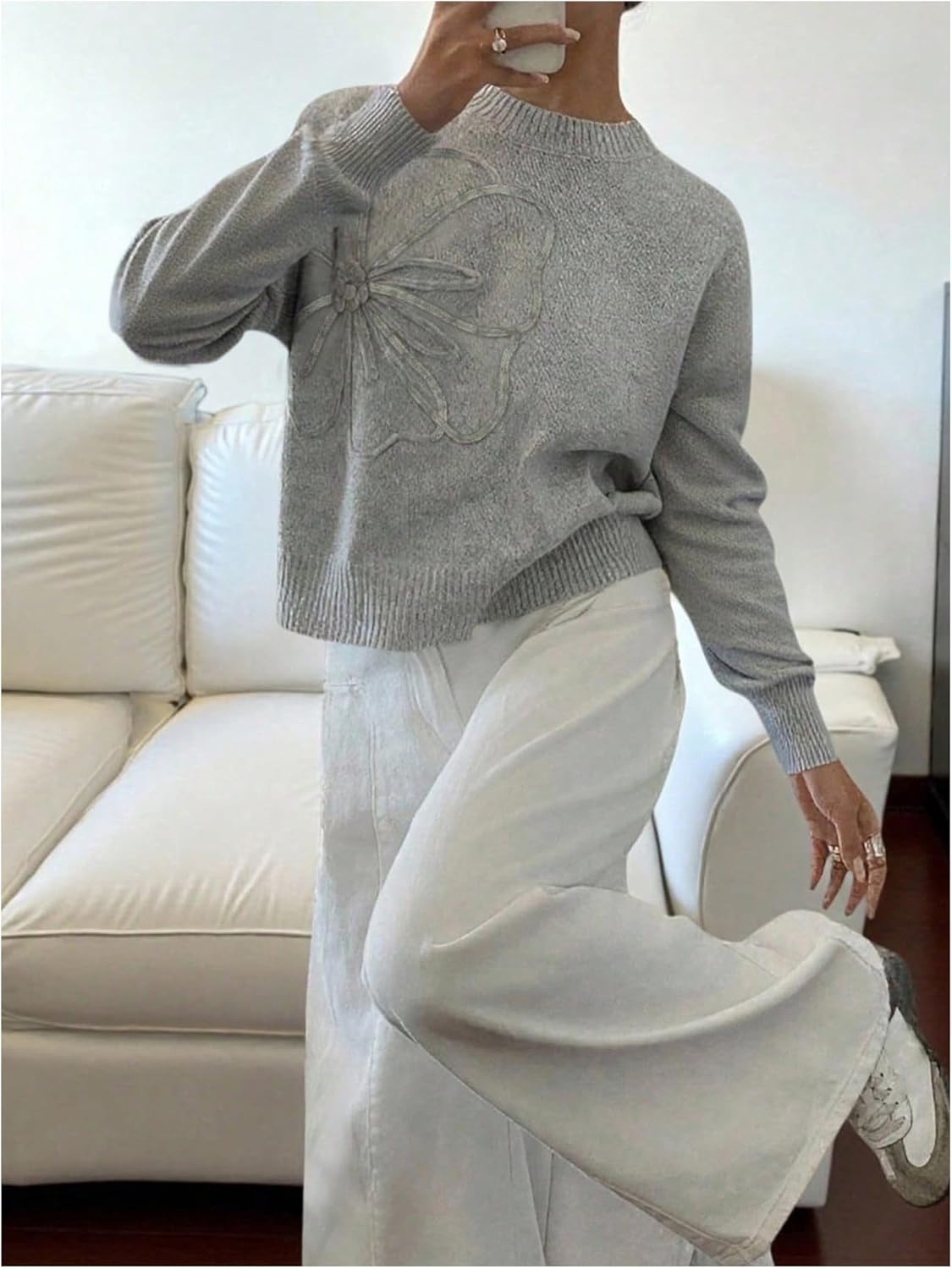 SOLY HUX Women's Ribbed Sweater Long Sleeve Crew Neck Floral Knit Pullover Casual Fall Winter Tops