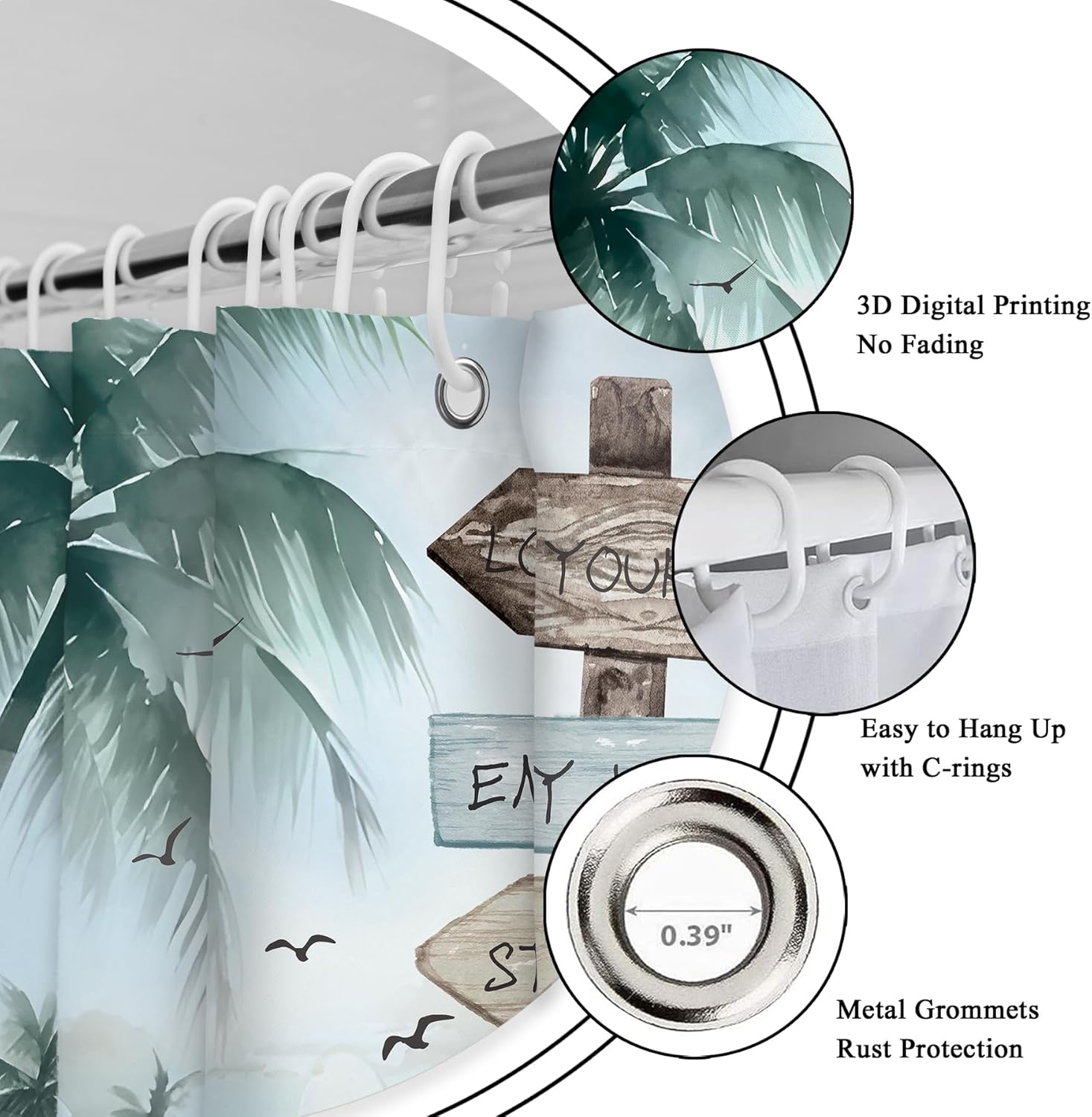 Riyidecor Small Tropical Beach Shower Curtain for Bathroom Decor 54Wx78H Stall Narrow Long Palm Tree Blue Seaside Sunset Coastal Quotes Art Printed Fabric Polyester Waterproof 12 Pack Plastic Hooks