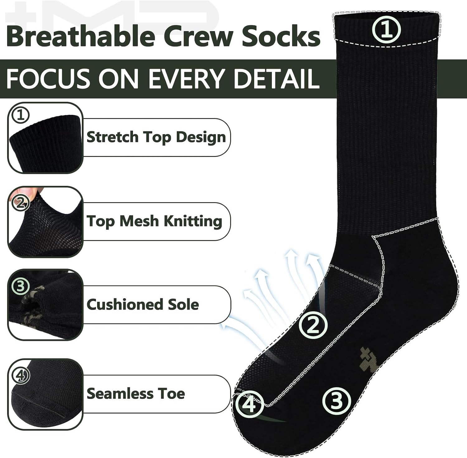 +MD Crew Socks for Men 6 Pairs, Viscose Bamboo Socks, Mens Dress Socks with Soft Cushioned, Smell Control, Black White