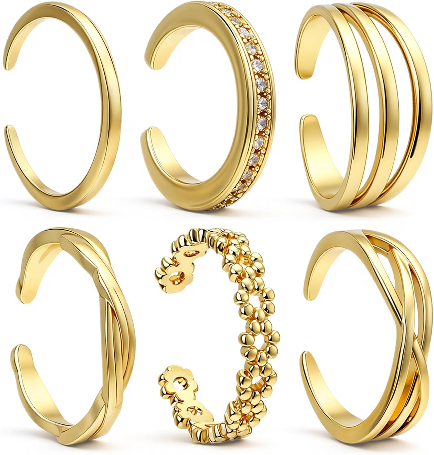 JJUNW 6PCS Toe Rings for Women, Adjustable Band Ring, Summer Beach Foot Jewelry Set Non Tarnish Toe-Rings Open Flower CZ Toe Ring Set Beach Foot Jewelry