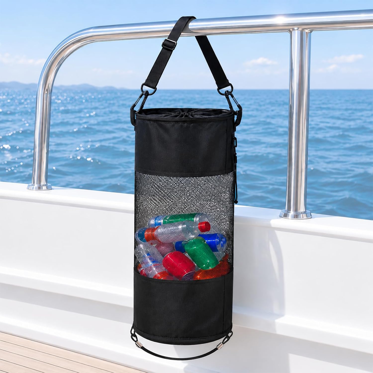 Boat Trash Bag, Portable Waterproof Oxford Marine Garbage Storage Bag with Adjustable Strap for Pontoon Yacht Fishing Outdoor Use