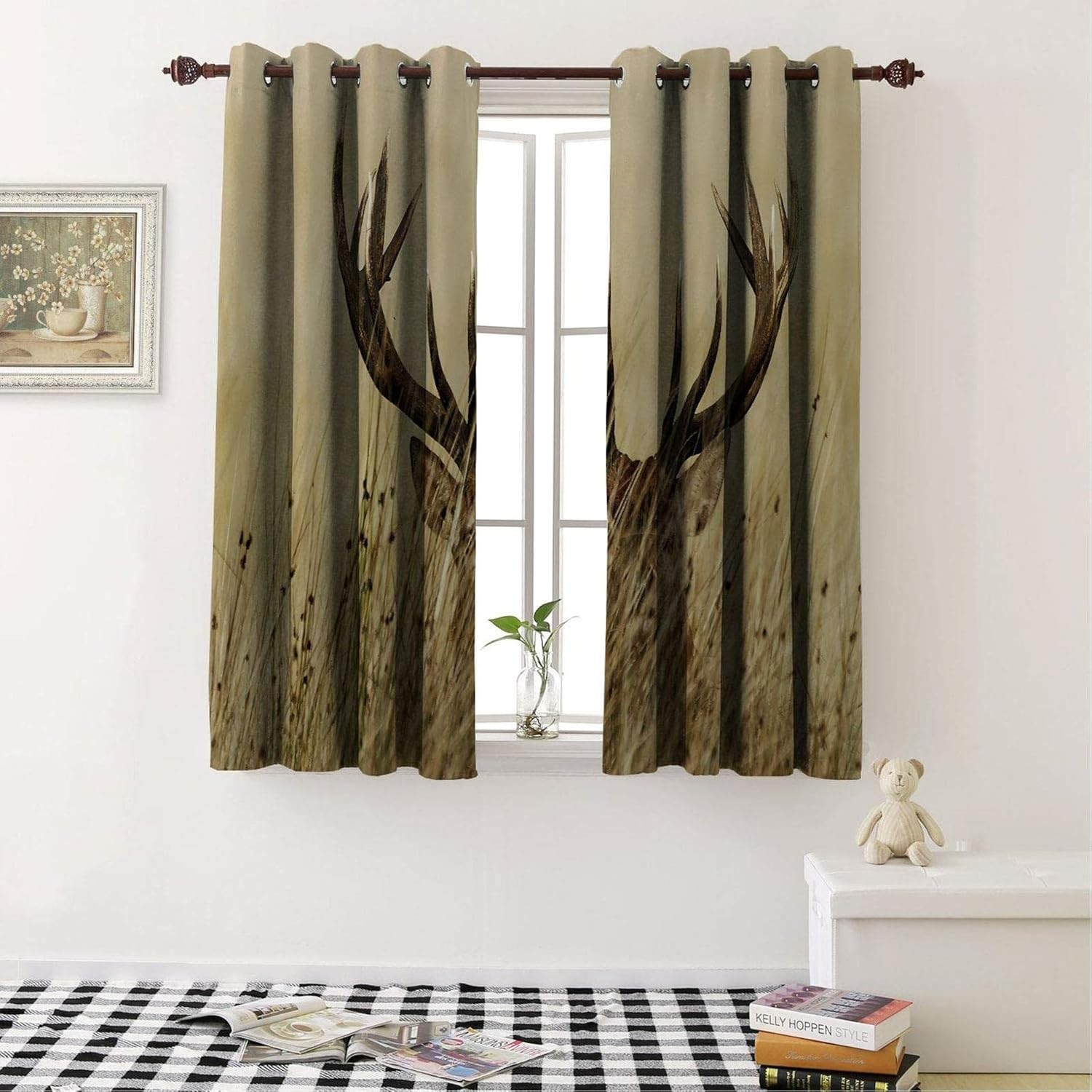 Antler Whitetail Deer Blackout Curtains, Fawn in Wilderness Rural Hunting 3D Printed Drapes, 2 Panels Window Darkening Curtain for Bedroom Living Room Home Decor 27W*39Linch*2