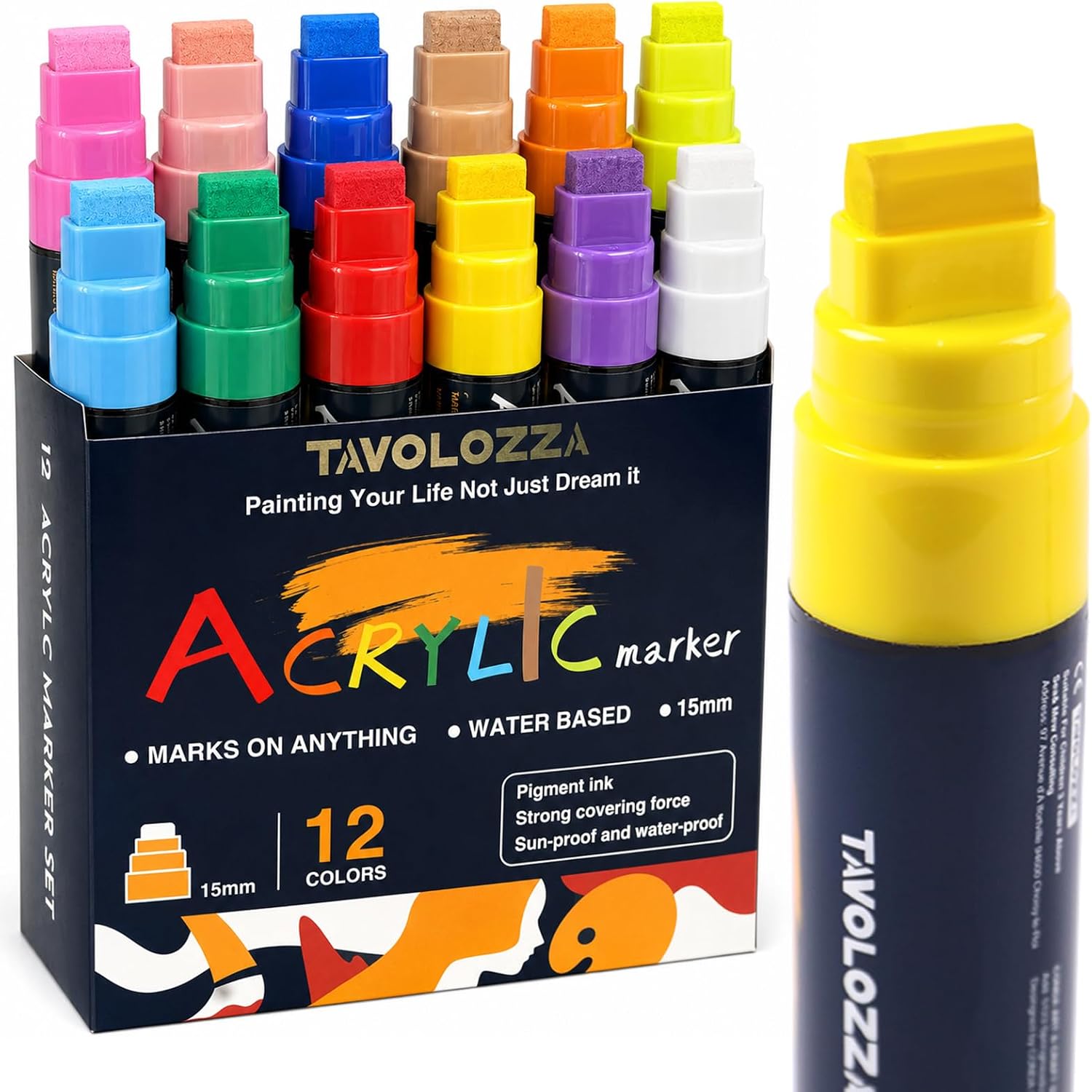 12 Vibrant Colors Jumbo Acrylic Paint Markers, 15MM Graffiti Markers
