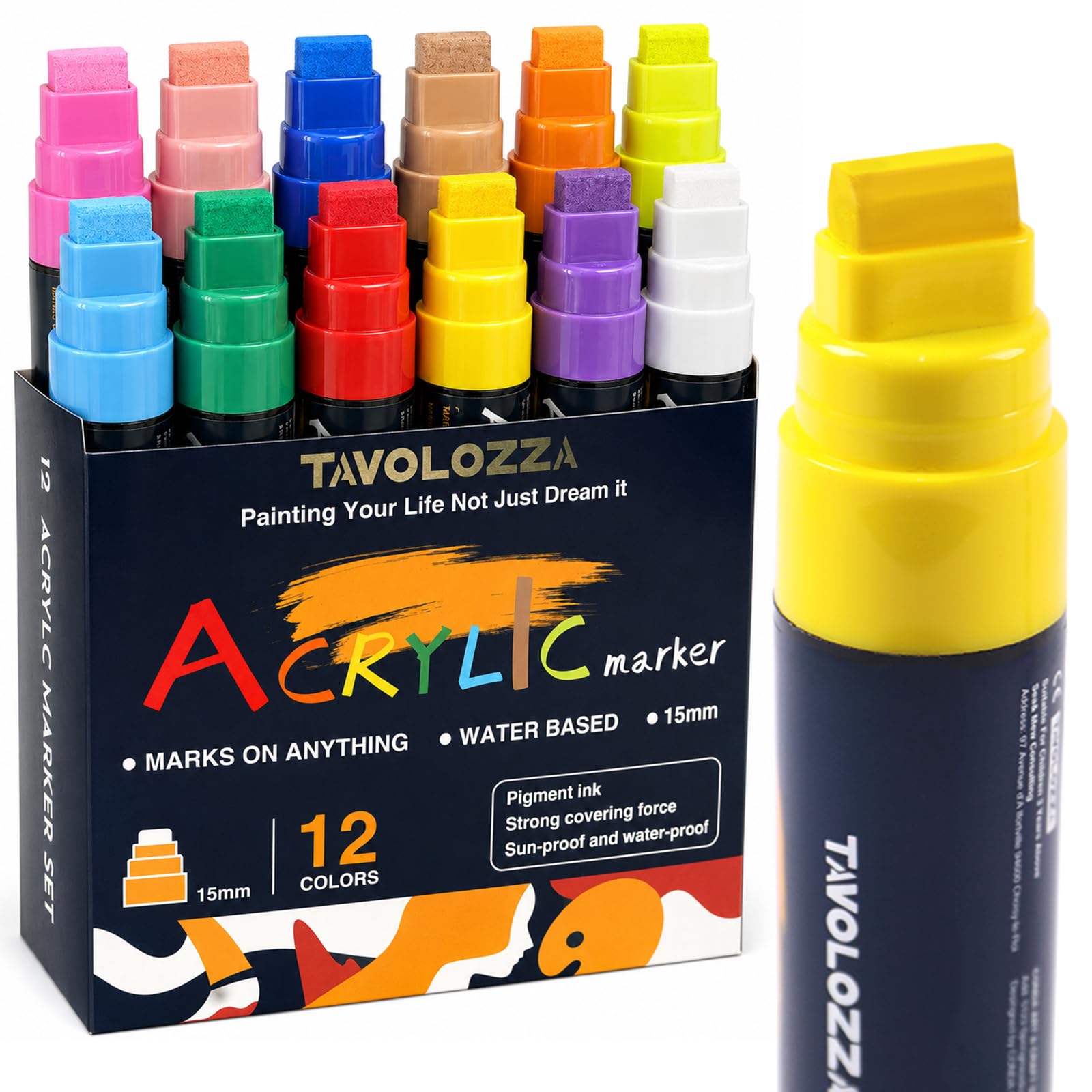 12 Vibrant Colors Jumbo Acrylic Paint Markers, 15MM Graffiti Markers