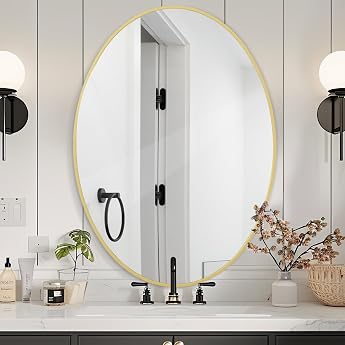 Melodieux Oval Wall Mirror 61 x 91 cm Gold Circular Wall Mirror Hanging Decorative Vanity Mirror Wall Mounted for Bathroom Living Room Hallway
