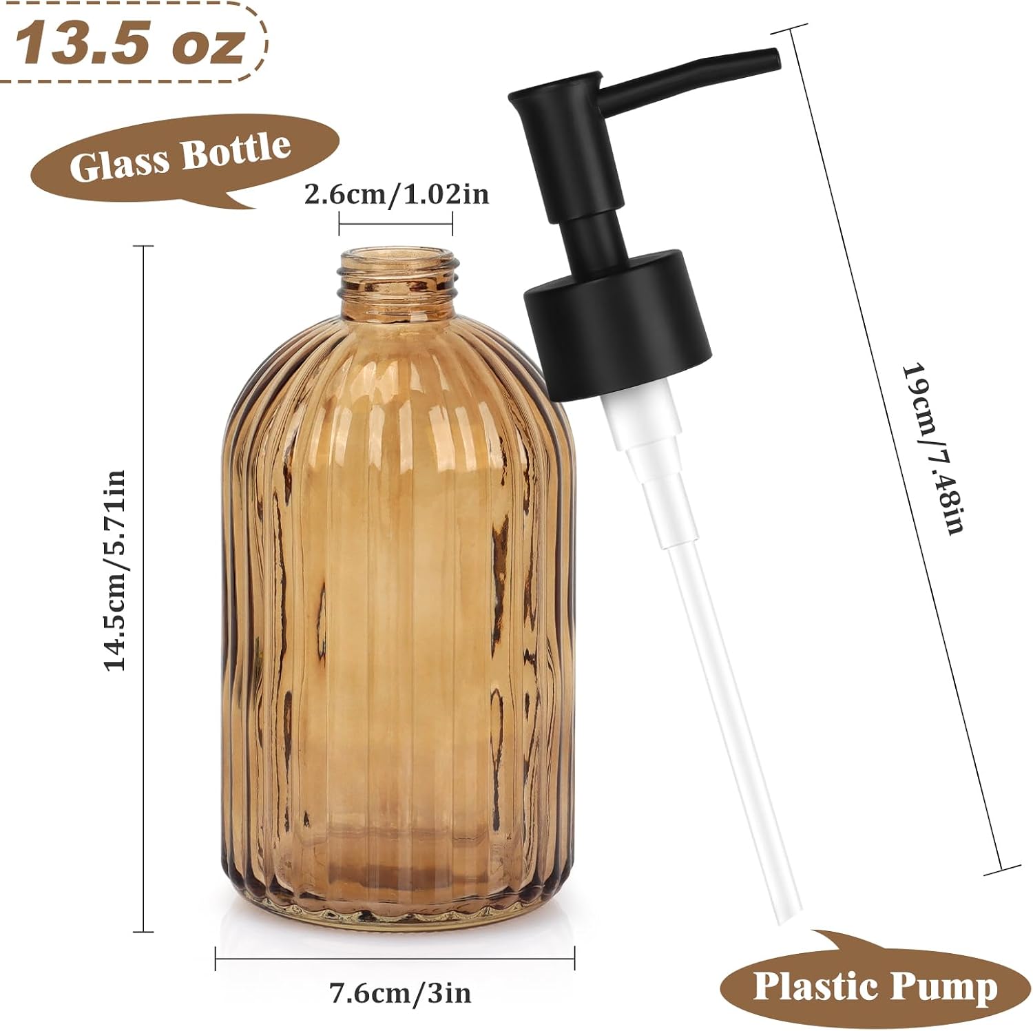 1 Pack 13.5oz Glass Soap Dispenser with Plastic Pump, Vertical Stripe Design Refillable Hand Soap Dispenser for Hand Wash