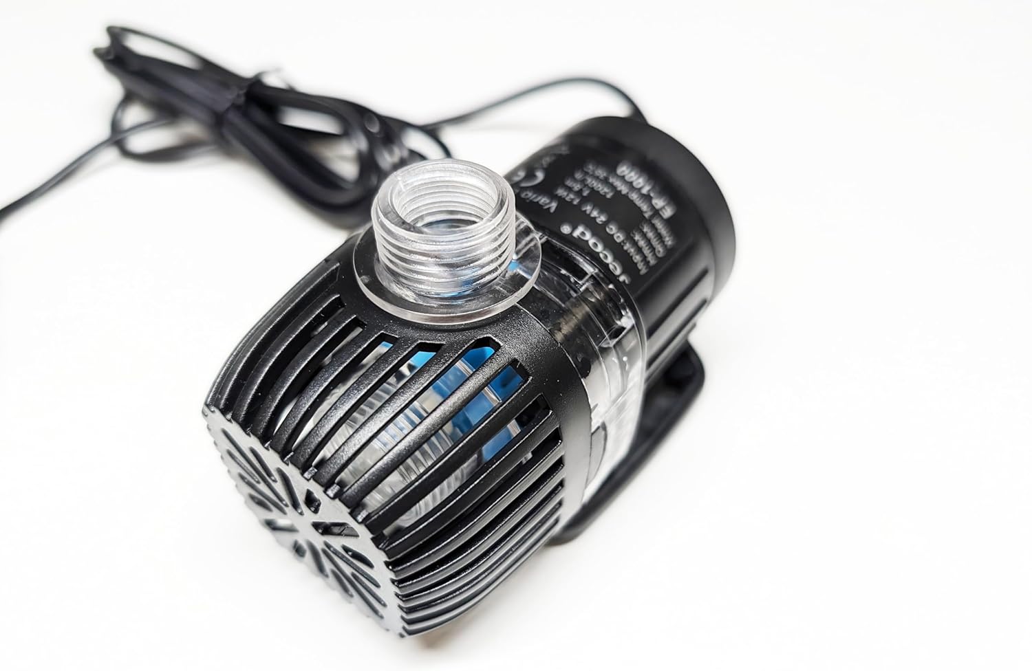 lateral view of Jebao Jecob EP1000 pump showing product label