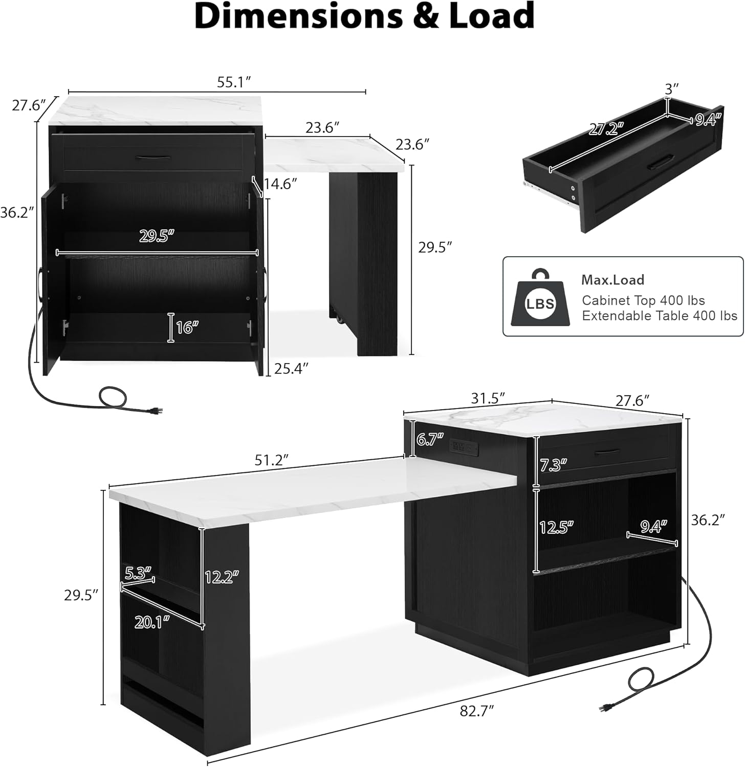 Merax 82.7" Kitchen Island with Extendable Dining Table for 4-6, Rolling Mobile Center Islands with Storage, Charging Station, 2 Drawers 2 Side Open Shelves, Black