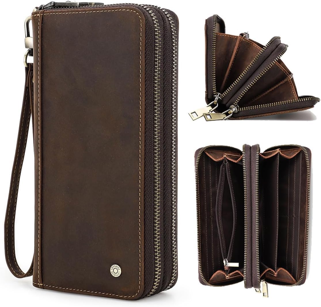 Sam’s Design Men’s Genuine Leather Clutch Business Travel Double Zip Around Purse 4 Interlayer Vintage Long Wallet with Wrist Wrap Dark Brown