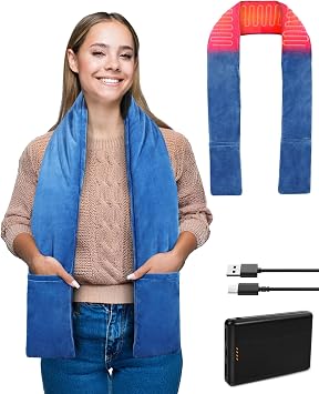 Electric Neck Heating Scarf Pad Cordless 63 Length Heated Soft Warmer with 10000mAh Rechargeable USB Power Bank, Portable Heated Wrap, Microwave 3 Heat Settings for Brace & Shoulder, Blue