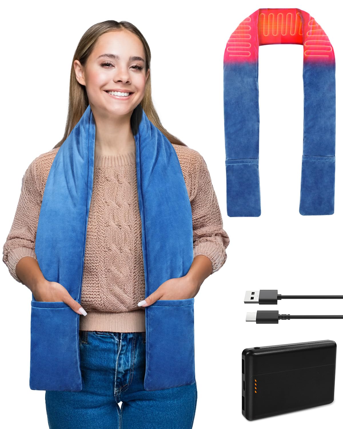 Electric Neck Heating Scarf Pad Cordless 63 Length Heated Soft Warmer with 10000mAh Rechargeable USB Power Bank Portable