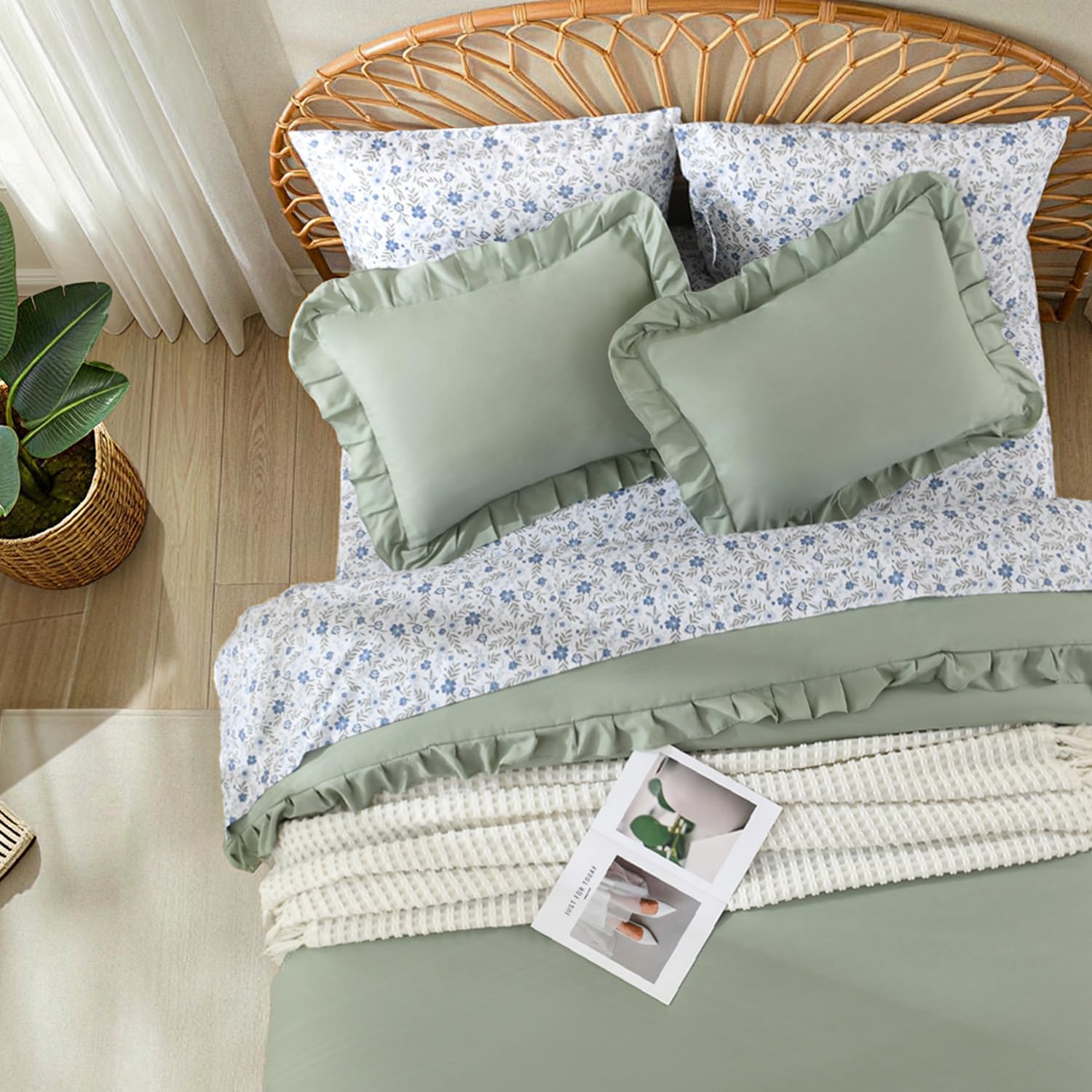 Litanika 7Pcs Full Ruffled Sage Green Comforter Set with Floral Sheets