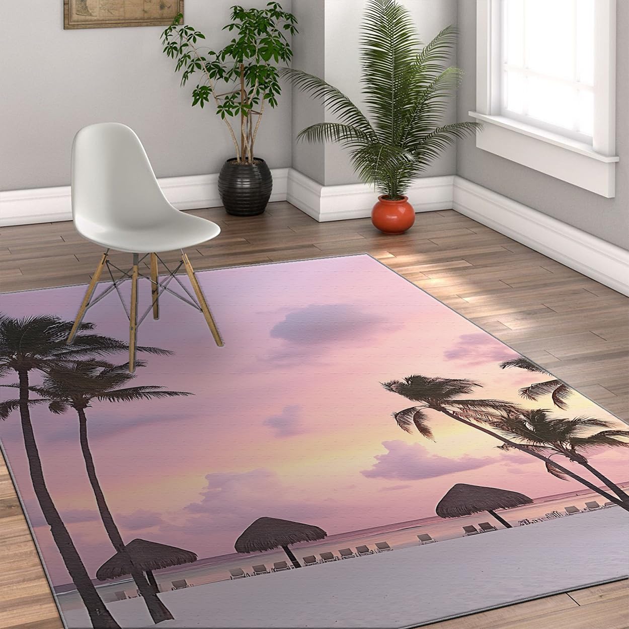 Tapis de salon rose sunset lavable grand motif palmier 60x90cm à poils bas