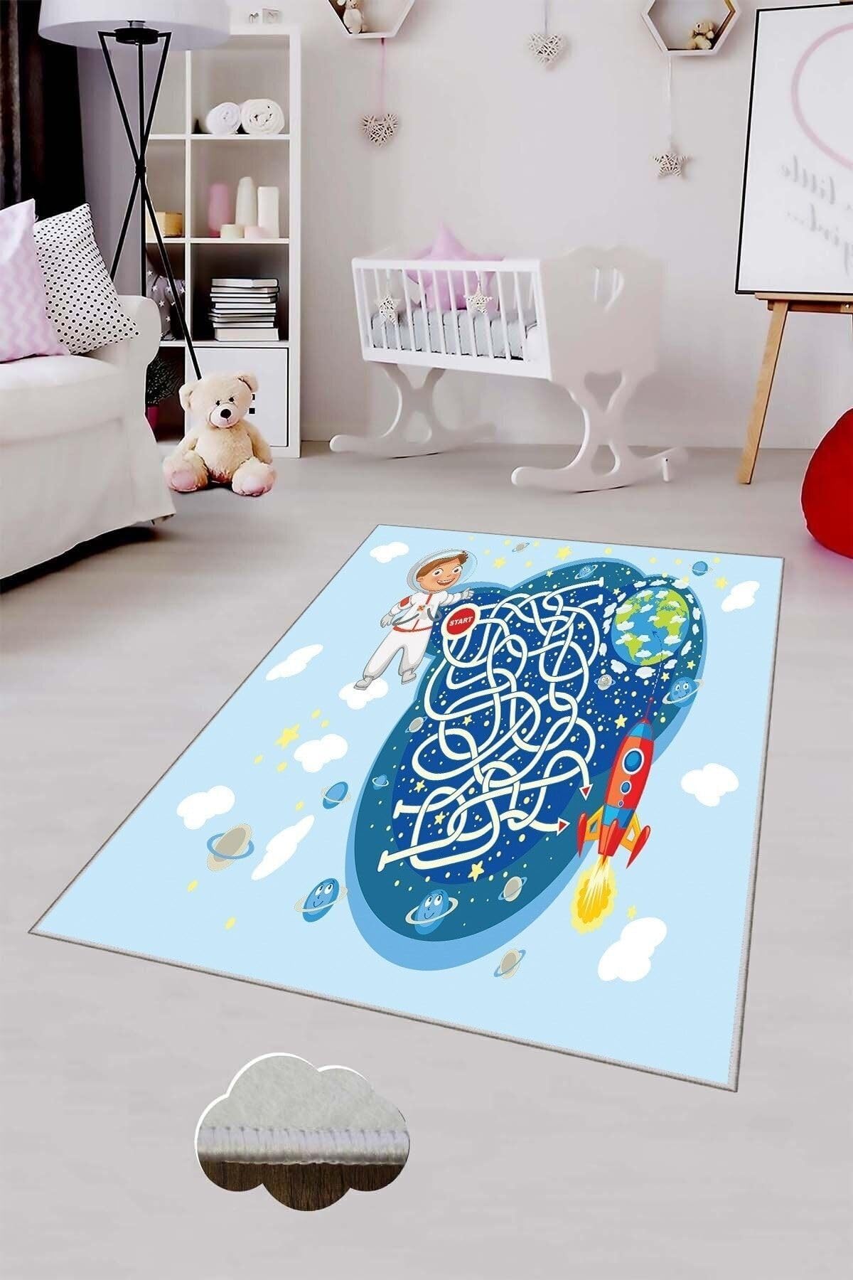 Pelangi Mavi Astronot Uzay Yolu Yıkanabilir Kaymaz Taban Leke Tutmazbebek Ve Çocuk Odası Halısı, Mavi-Lacivert 120 x 180
