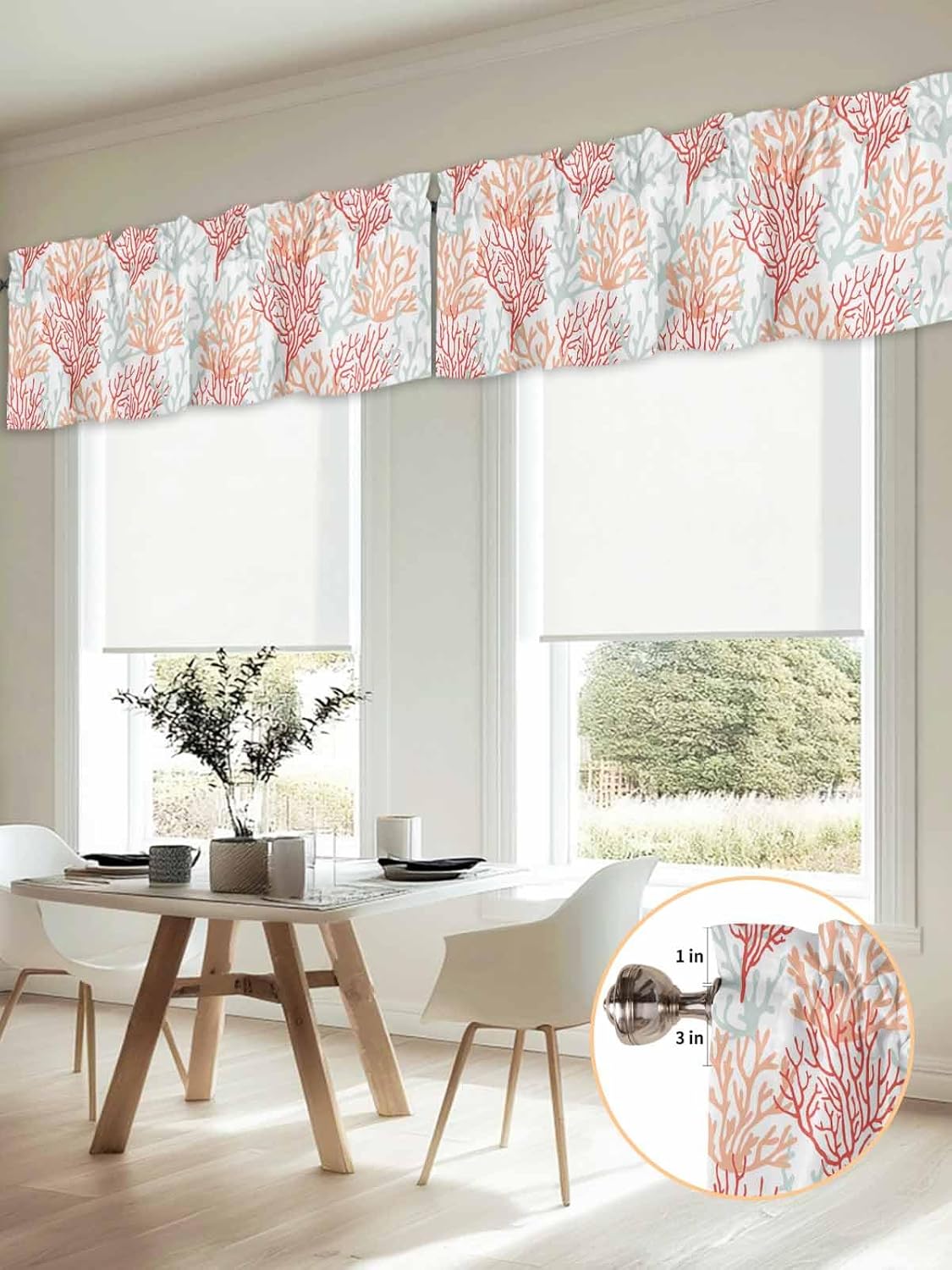 Red Orange Grey Coastal Curtain Valances for Windows, Summer Coral Beach Kitchen Valance Window Treatments Panel 2 Pack, Nautical Rod Pocket Short Curtains for Bathroom Bedroom 54x18 Inch