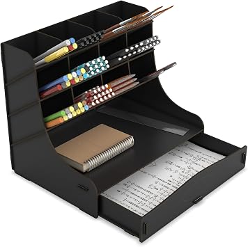 Mingitav Chamber 12 Eyes Oversized Desktop Pen Holder Organizer, Desktop Organizer A4 Document Rack with Drawers Black